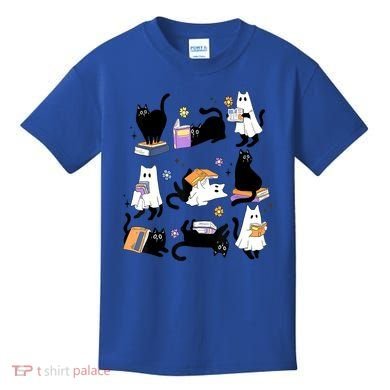 Halloween Bookish Cute Ghost Black Cat Reading Books Spooky Gift Kids T-Shirt