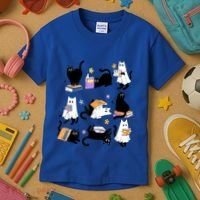 Halloween Bookish Cute Ghost Black Cat Reading Books Spooky Gift Kids T-Shirt thumb 3