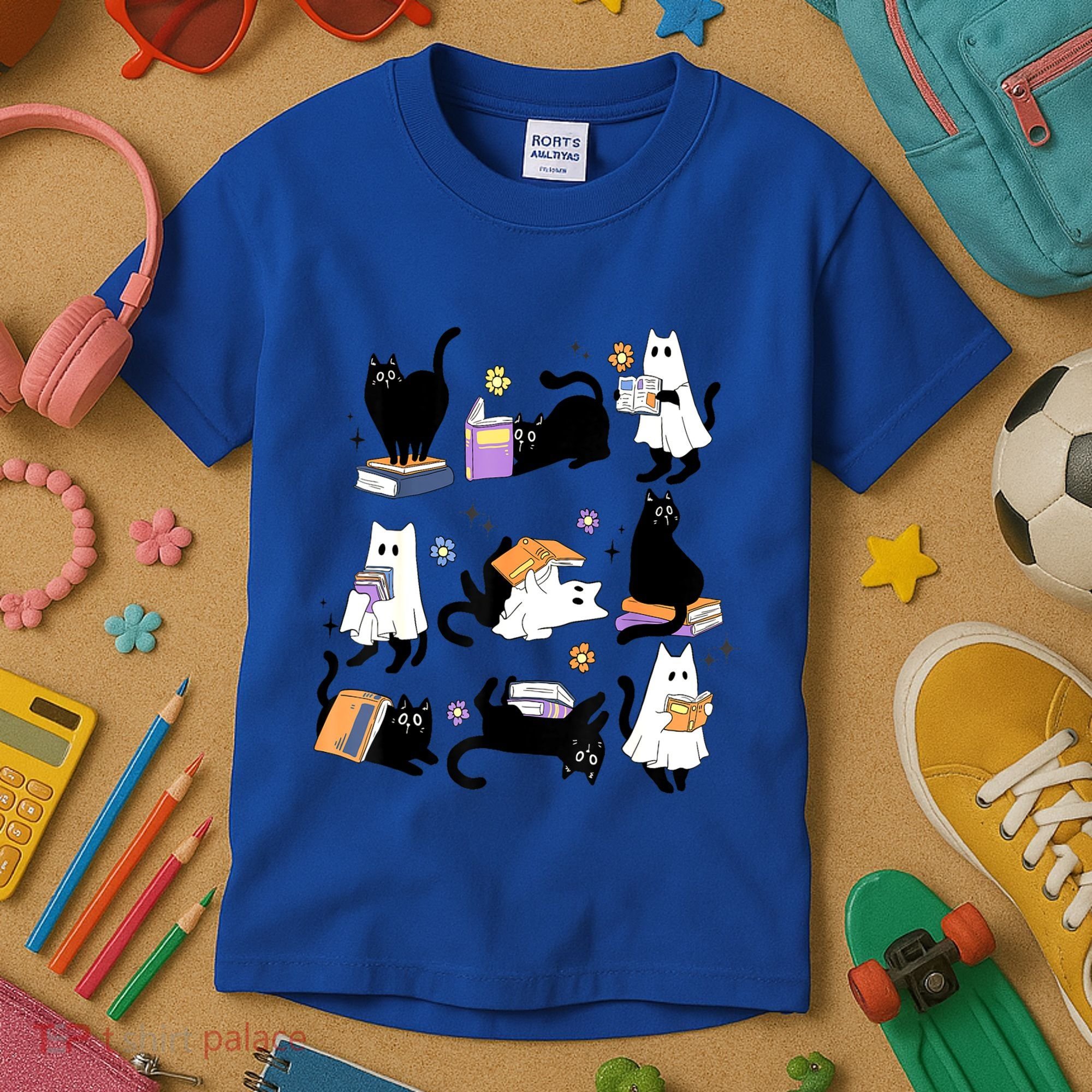 Halloween Bookish Cute Ghost Black Cat Reading Books Spooky Gift Kids T-Shirt
