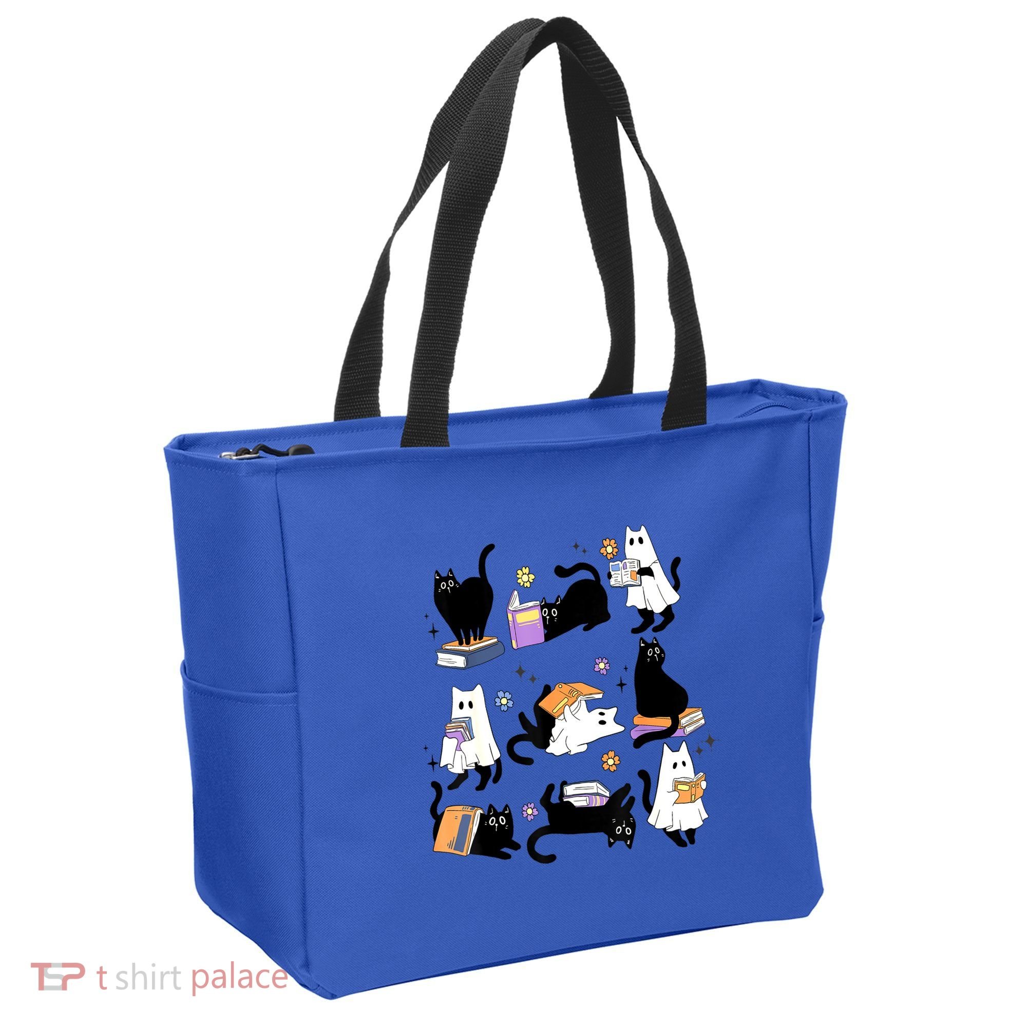 Halloween Bookish Cute Ghost Black Cat Reading Books Spooky Gift Tote Bag