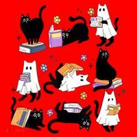 Halloween Bookish Cute Ghost Black Cat Reading Books Spooky Gift Santa Hat thumb 1