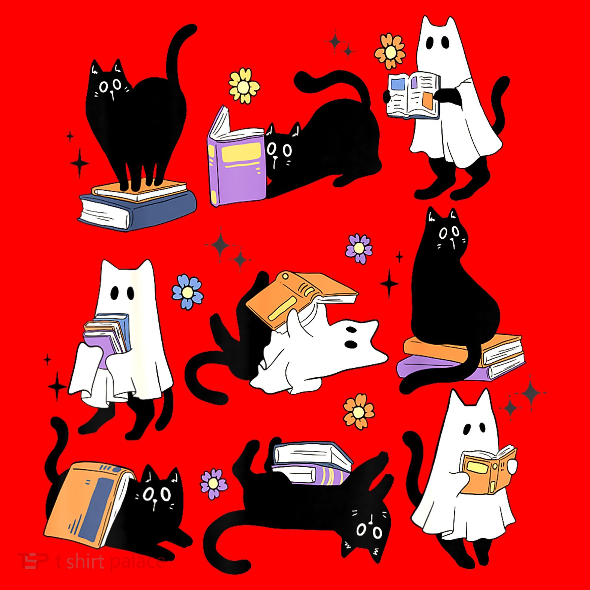 Halloween Bookish Cute Ghost Black Cat Reading Books Spooky Gift Santa Hat