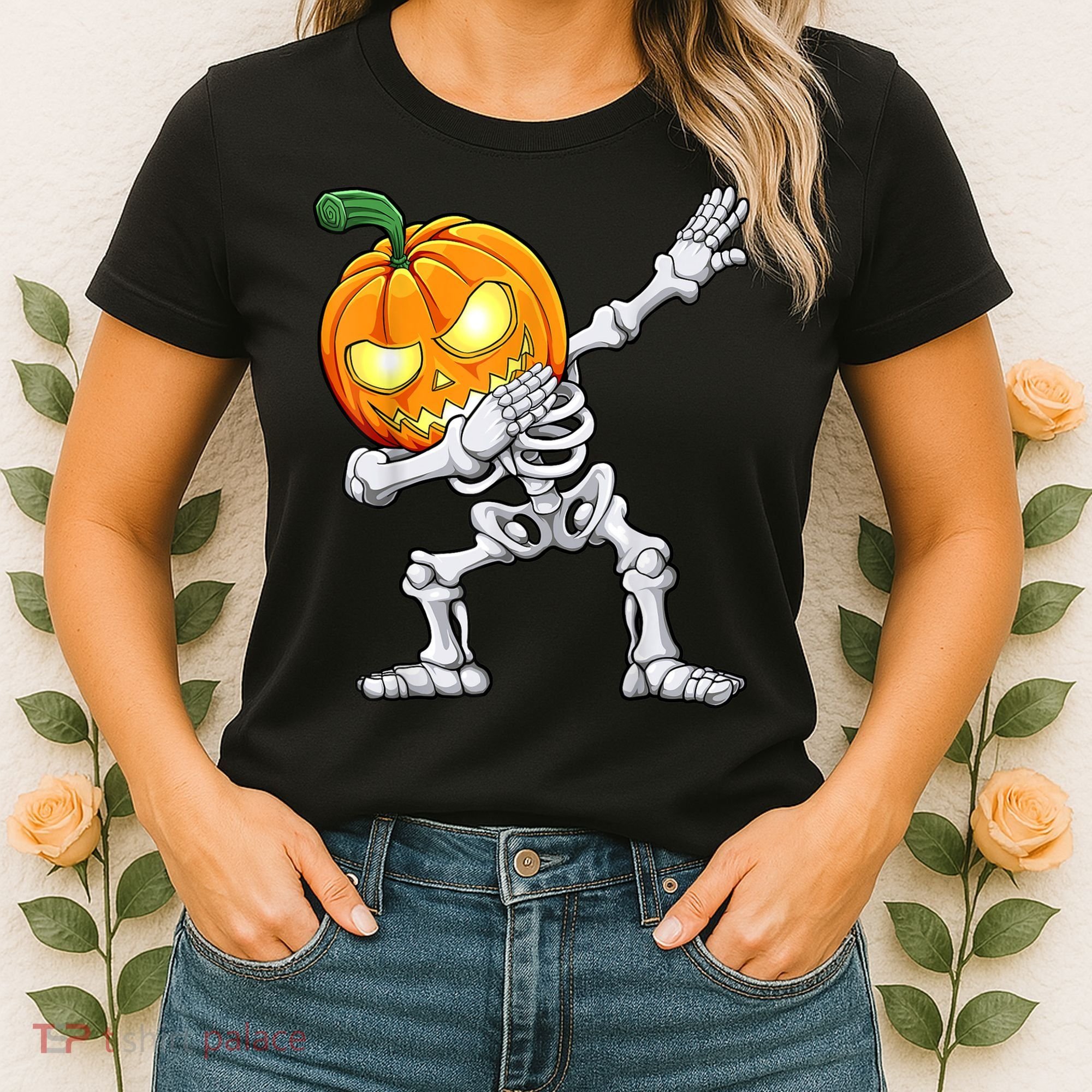Halloween Boys Dabbing Skeleton Scary Pumpkin Jack O Lantern Women's T-Shirt