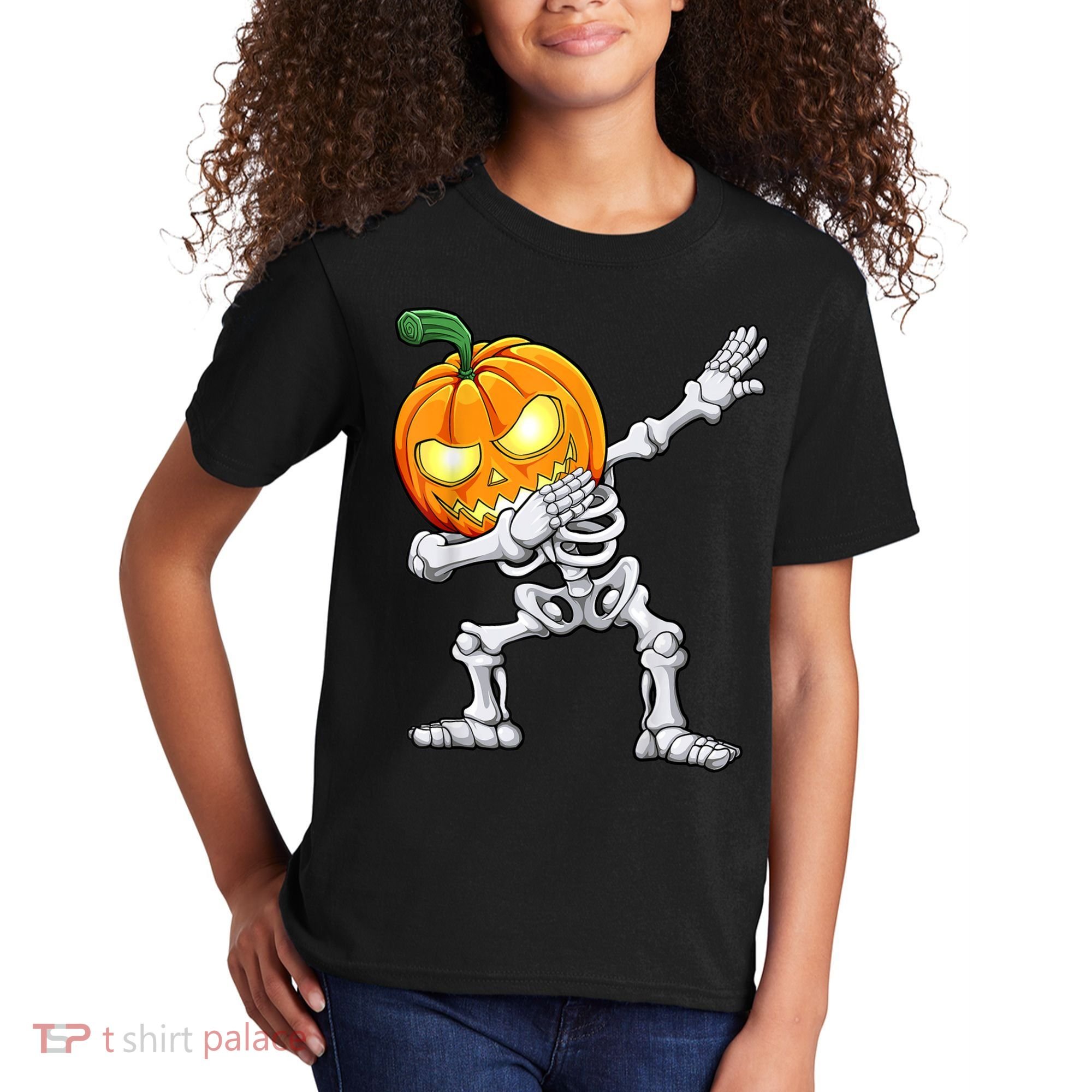 Halloween Boys Dabbing Skeleton Scary Pumpkin Jack O Lantern Kids T-Shirt