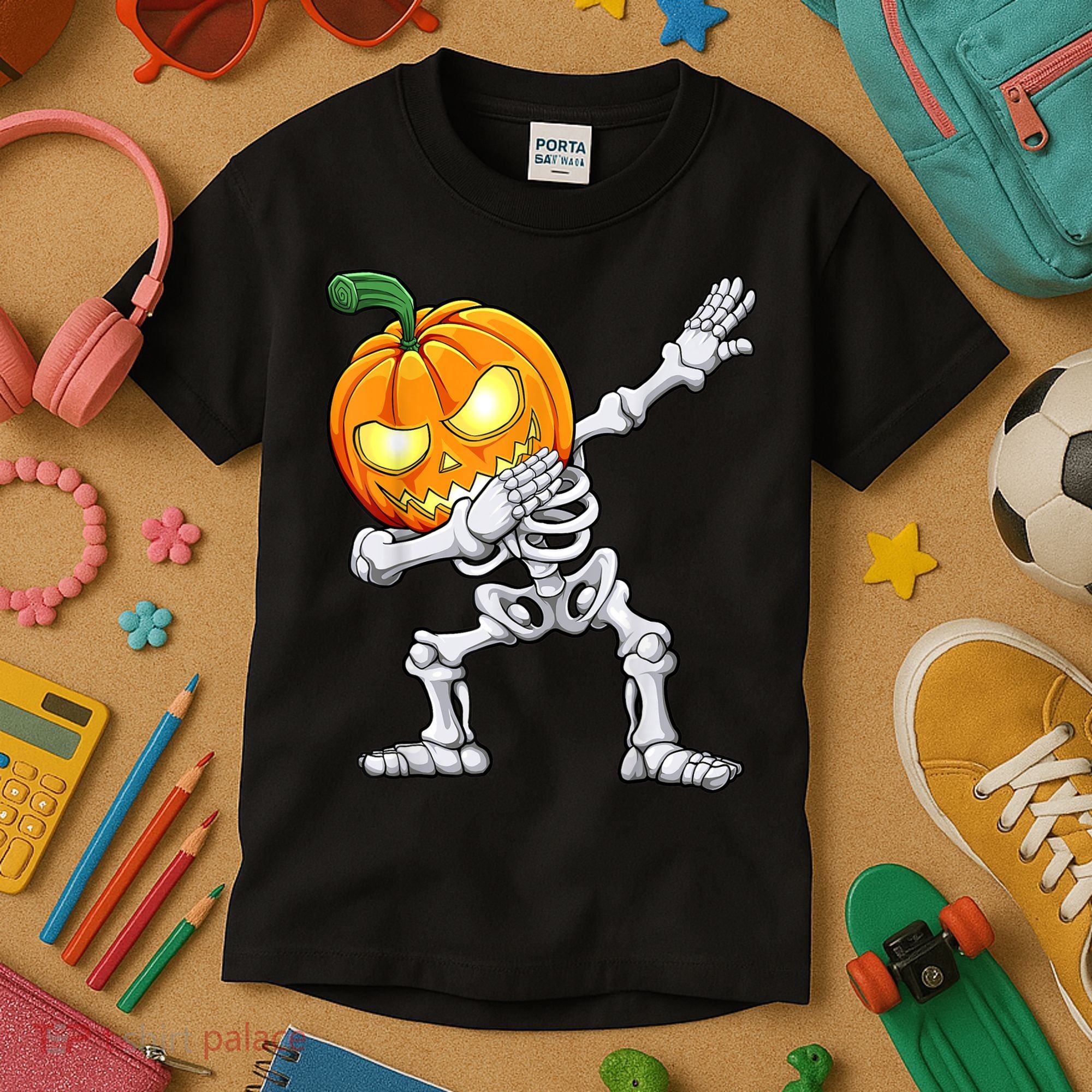 Halloween Boys Dabbing Skeleton Scary Pumpkin Jack O Lantern Kids T-Shirt