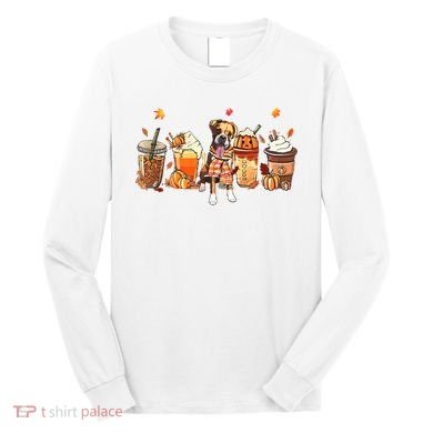 Halloween Boxer Dog Fall Coffee Pumpkin Spice Latte Long Sleeve Shirt