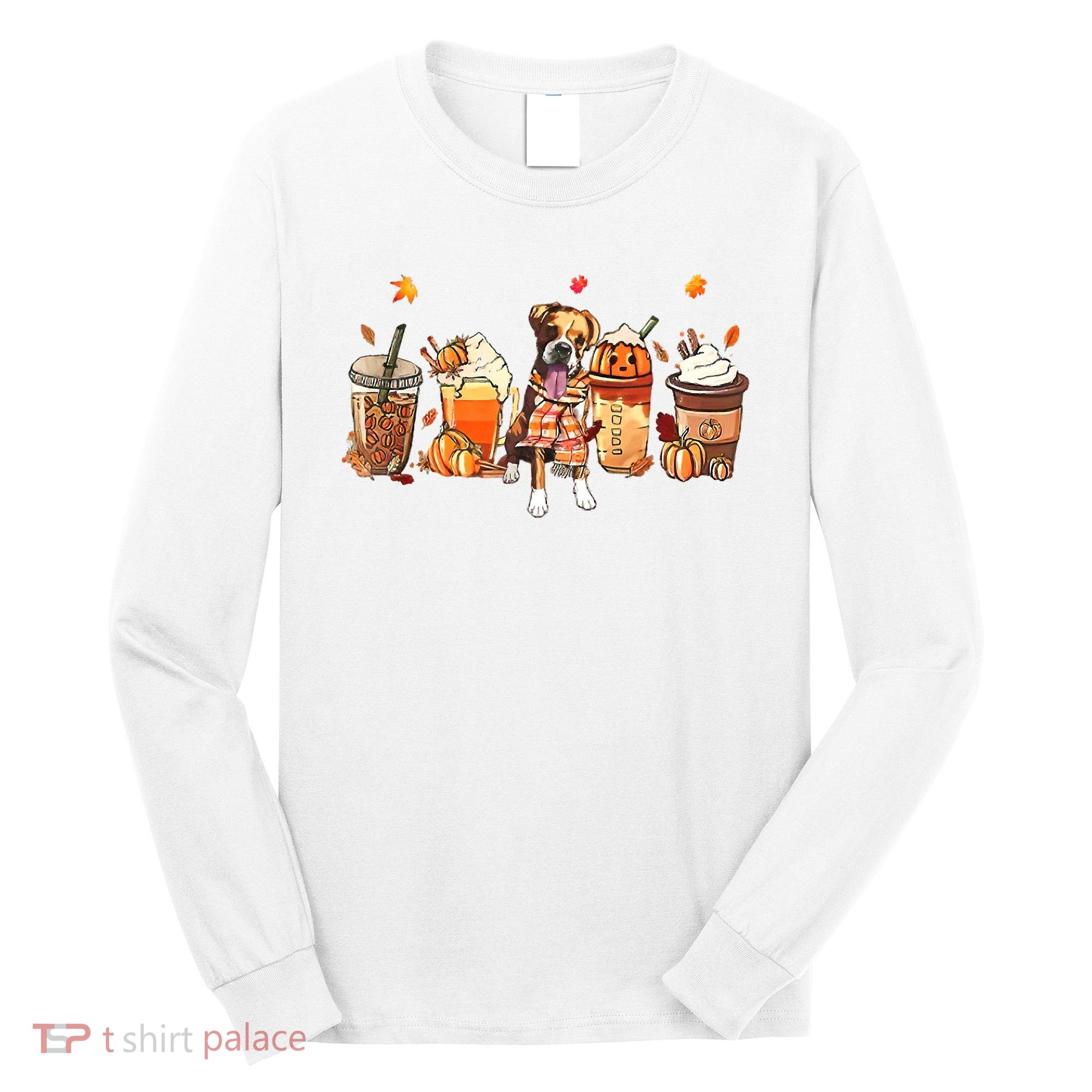 Halloween Boxer Dog Fall Coffee Pumpkin Spice Latte Long Sleeve Shirt