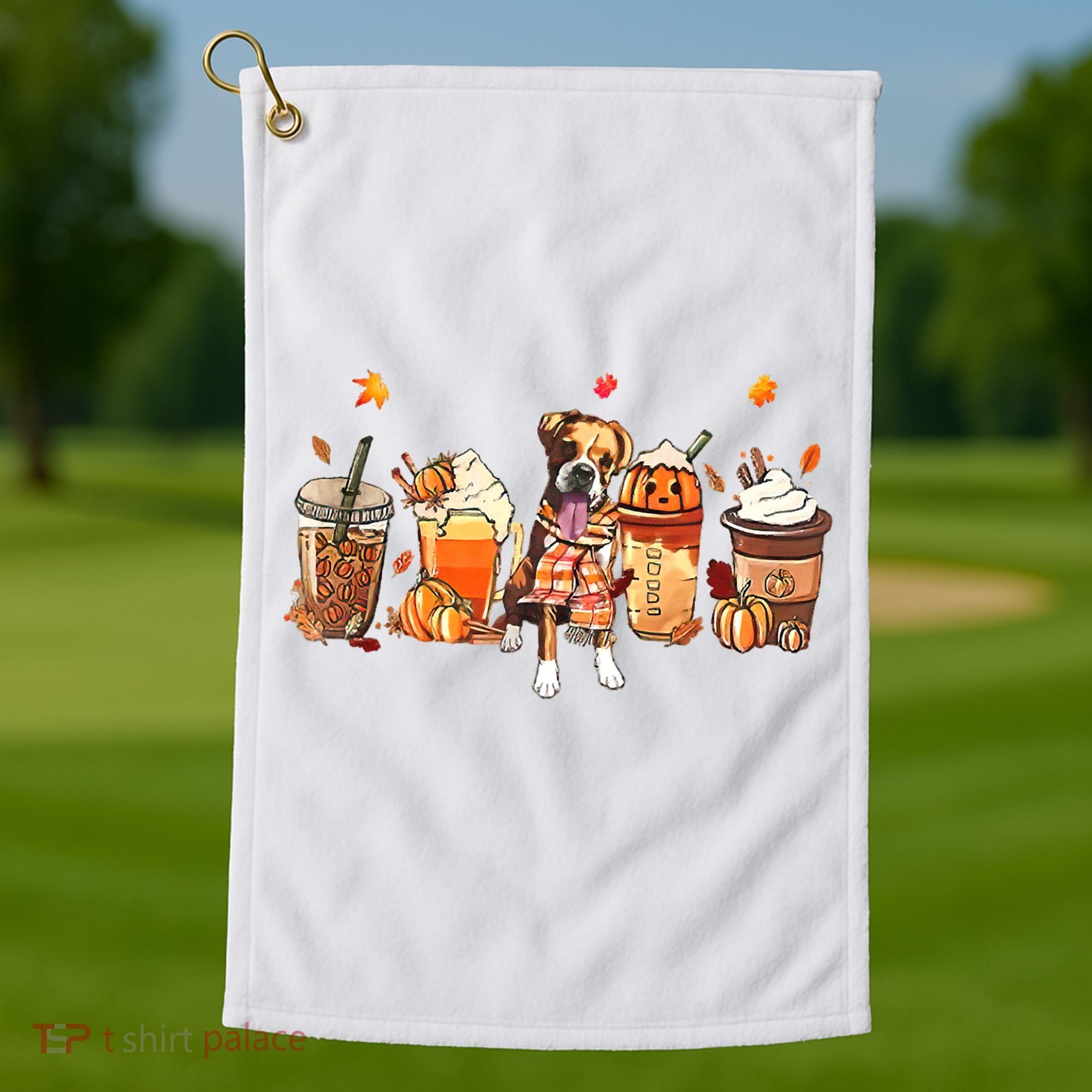 Halloween Boxer Dog Fall Coffee Pumpkin Spice Latte Golf Towel