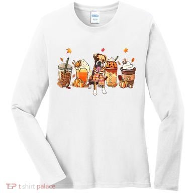 Halloween Boxer Dog Fall Coffee Pumpkin Spice Latte Women's Long Sleeve Shirt