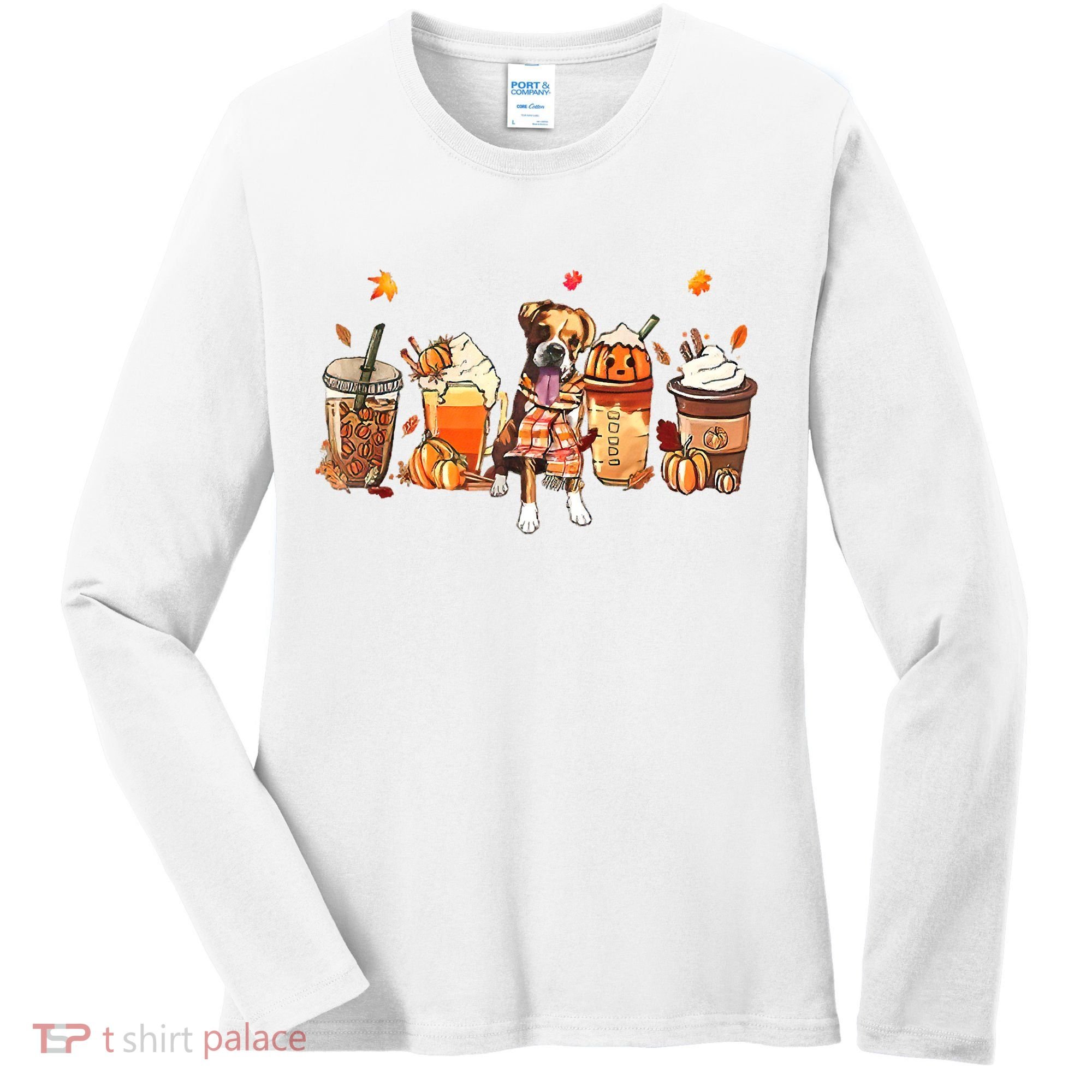 Halloween Boxer Dog Fall Coffee Pumpkin Spice Latte Women's Long Sleeve Shirt