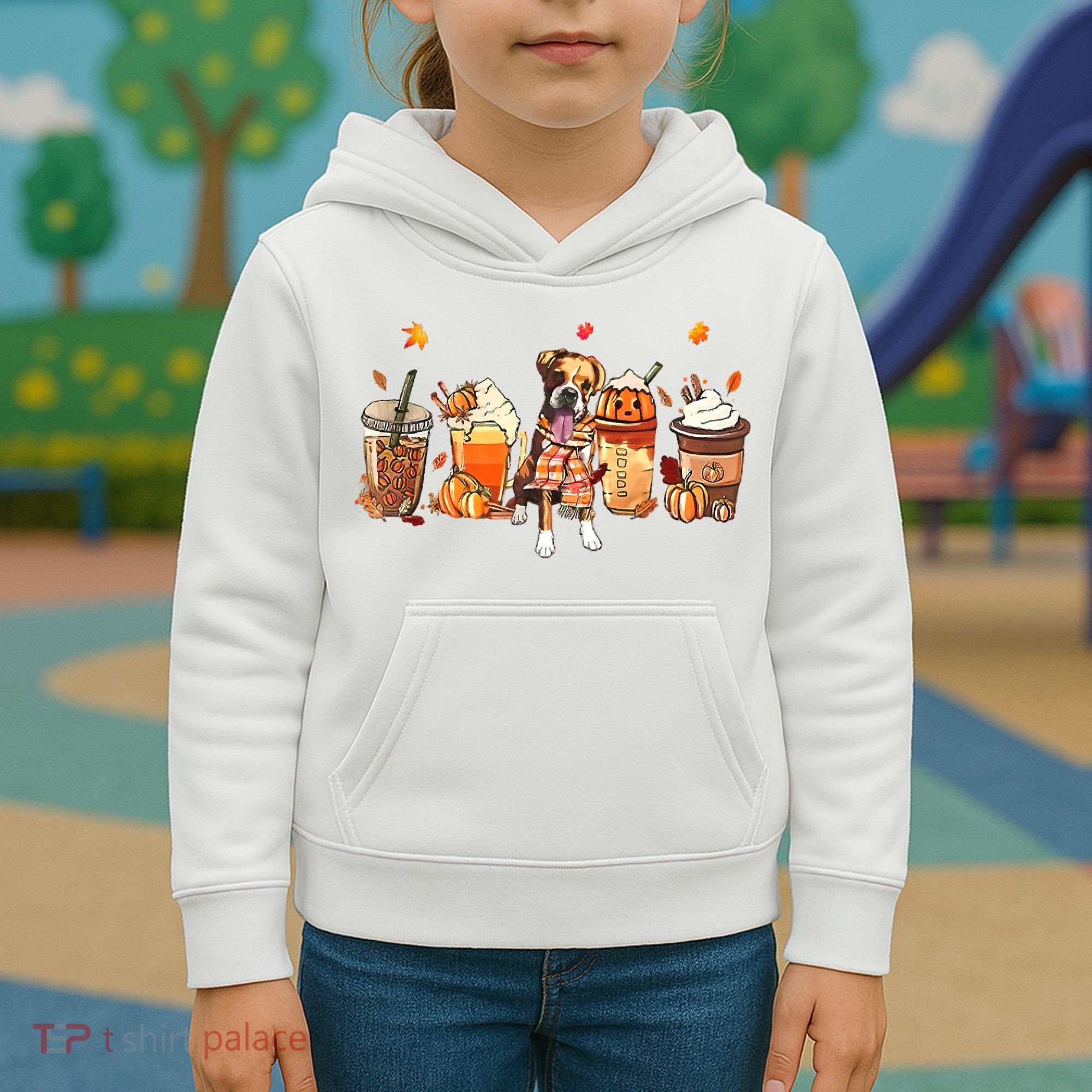 Halloween Boxer Dog Fall Coffee Pumpkin Spice Latte Kids Hoodie