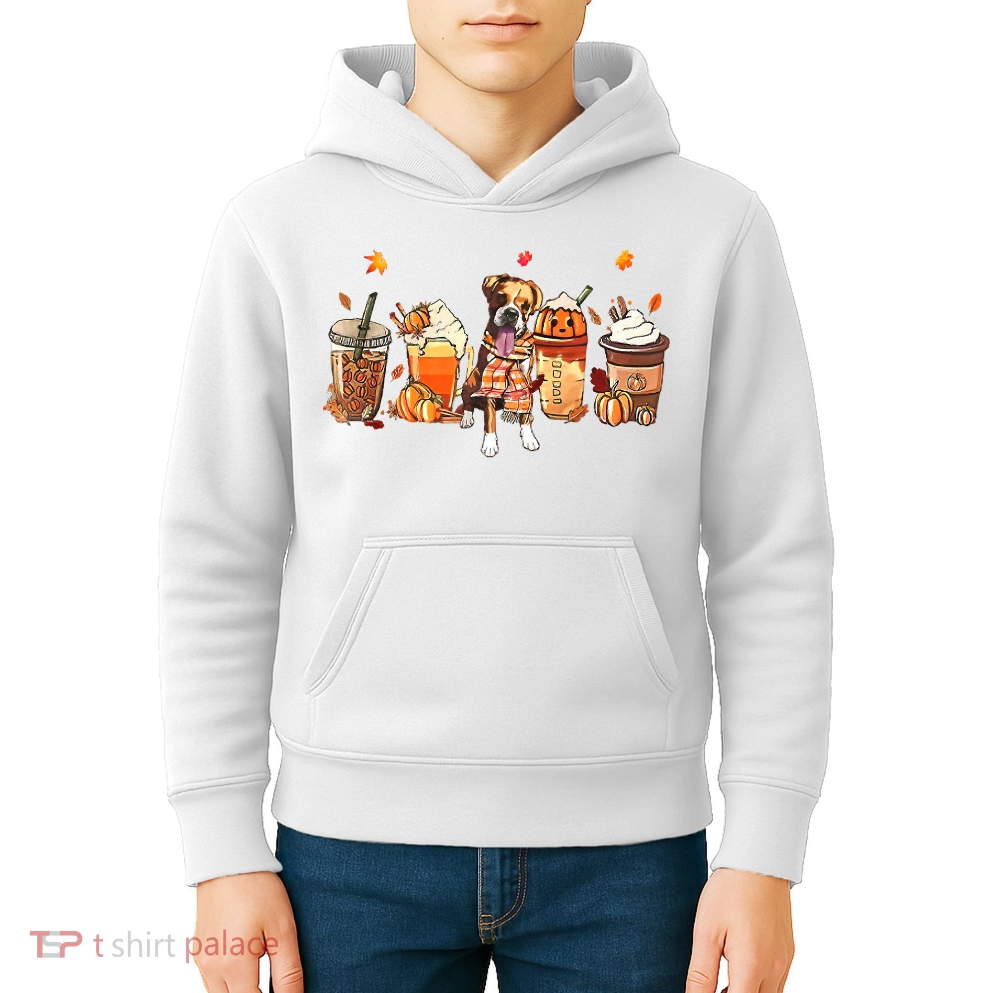 Halloween Boxer Dog Fall Coffee Pumpkin Spice Latte Kids Hoodie