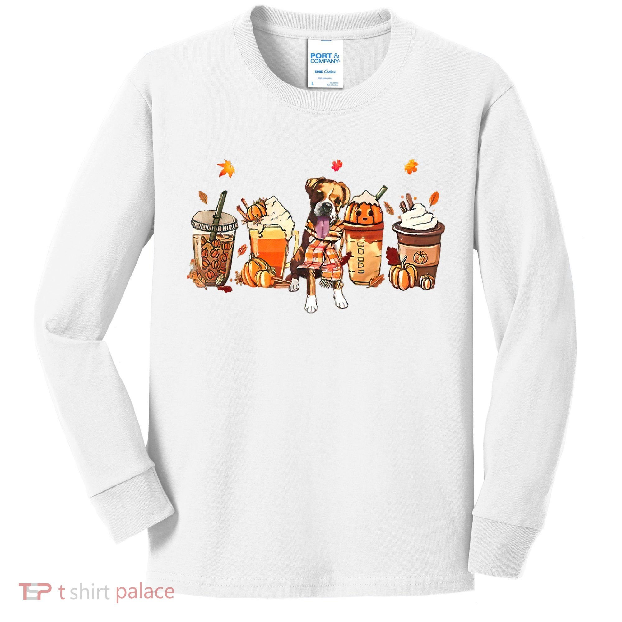 Halloween Boxer Dog Fall Coffee Pumpkin Spice Latte Kids Long Sleeve Shirt