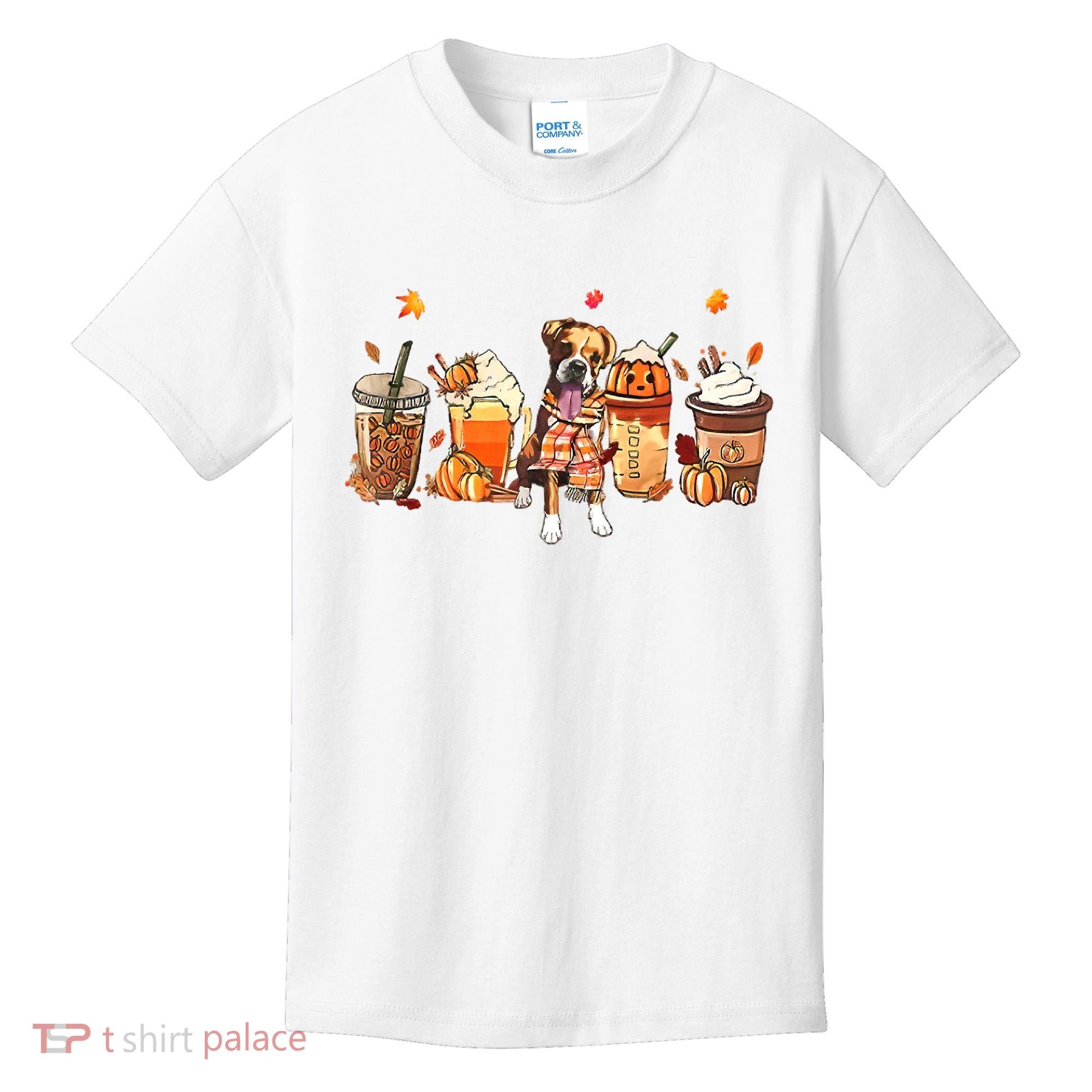 Halloween Boxer Dog Fall Coffee Pumpkin Spice Latte Kids T-Shirt
