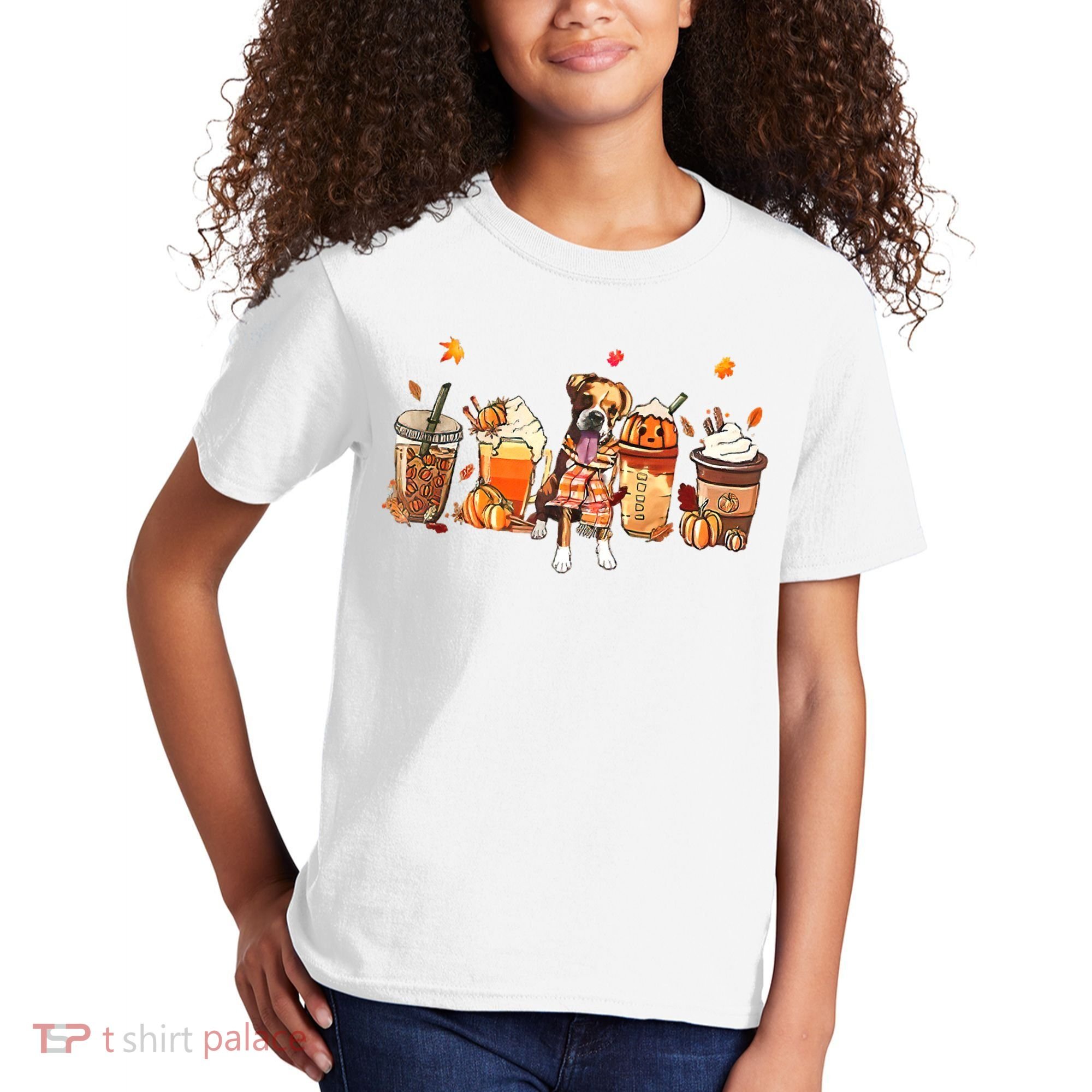 Halloween Boxer Dog Fall Coffee Pumpkin Spice Latte Kids T-Shirt