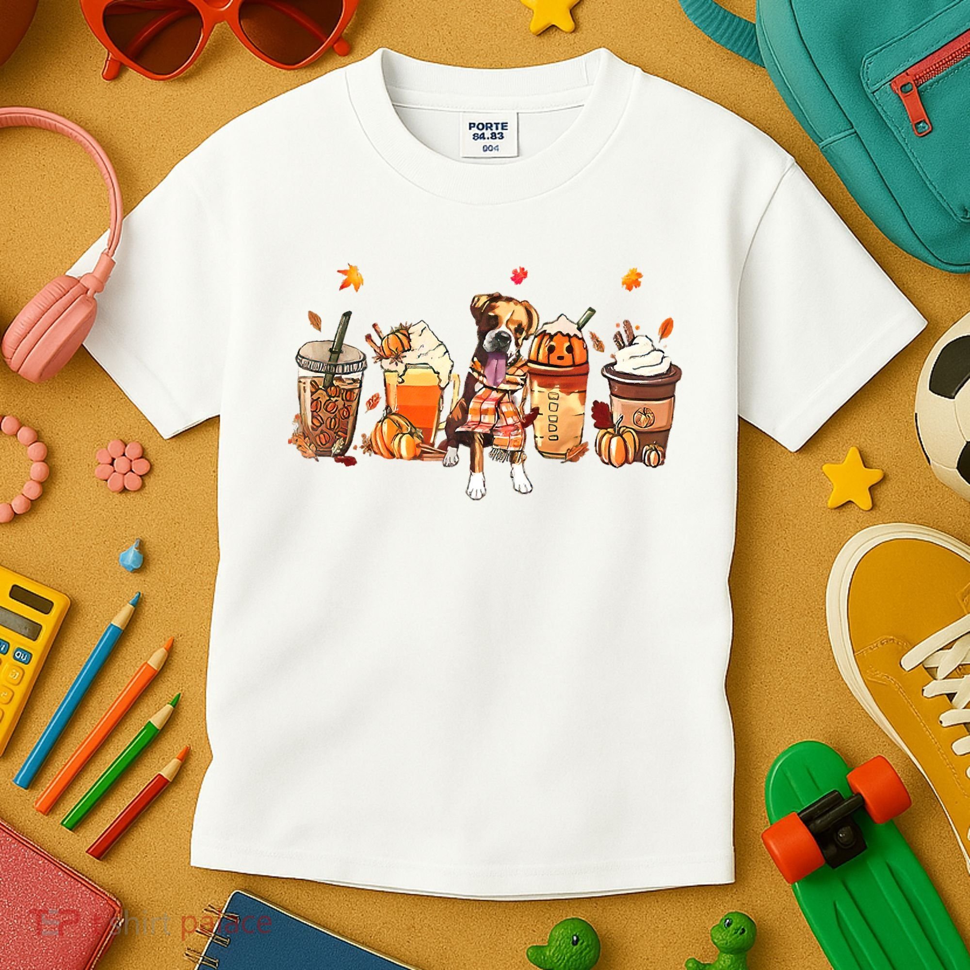 Halloween Boxer Dog Fall Coffee Pumpkin Spice Latte Kids T-Shirt