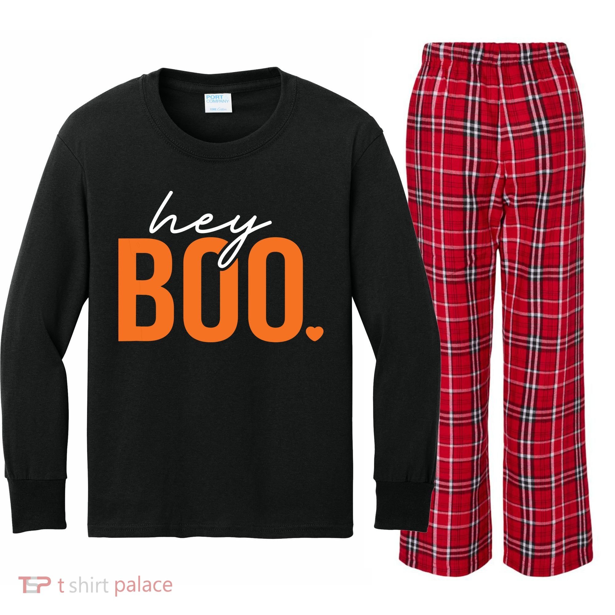 Hey Boo Funny Halloween Pun Ghost Spooky Toddler Kids Long Sleeve Plaid Pajama Set