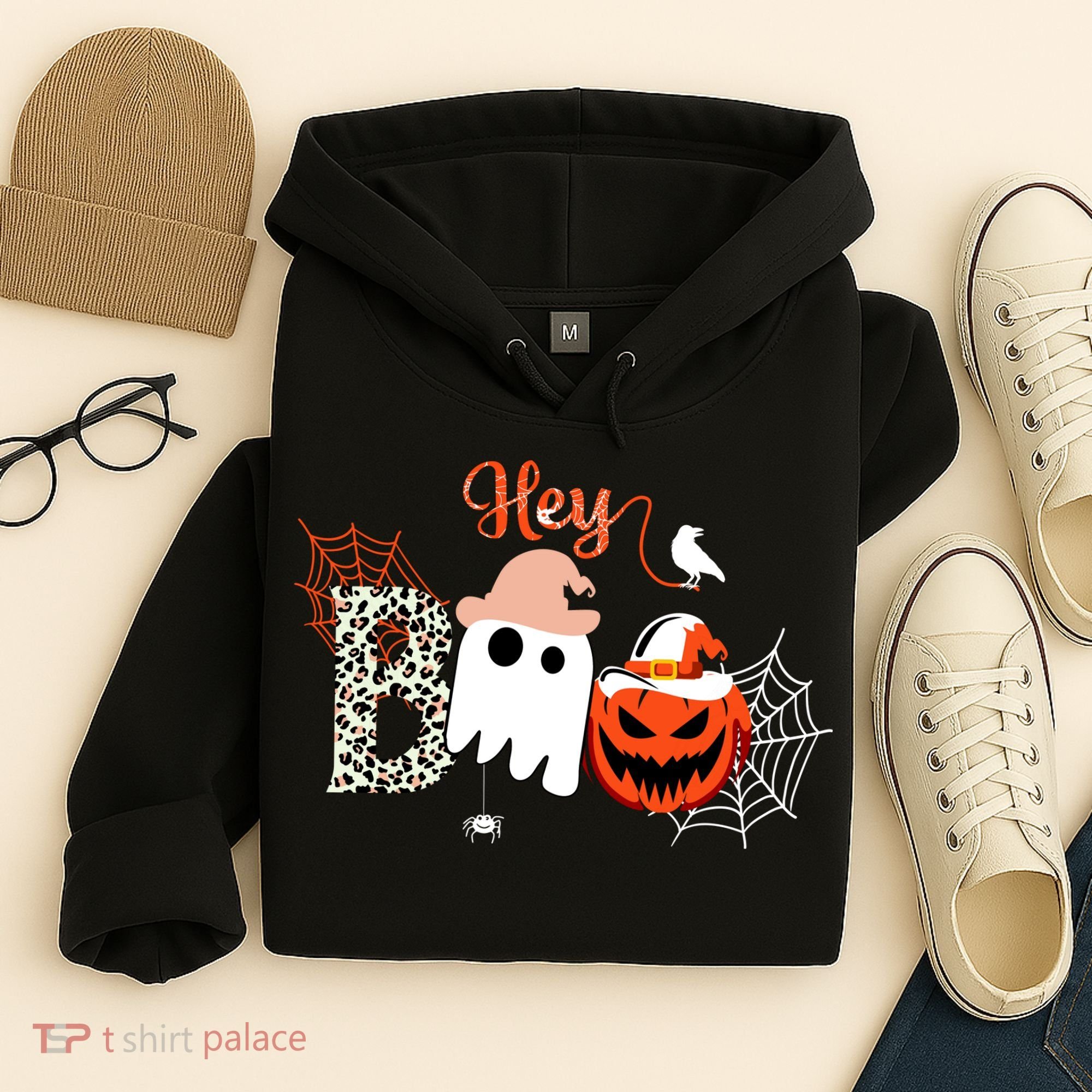 Hey Boo Funny Halloween Cute Ghost Pumpkin Hoodie