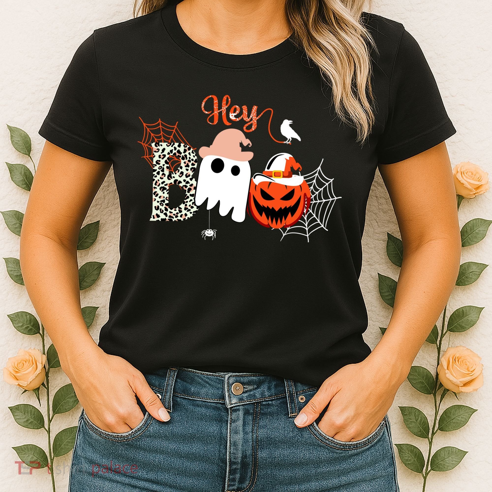 Hey Boo Funny Halloween Cute Ghost Pumpkin Women's T-Shirt