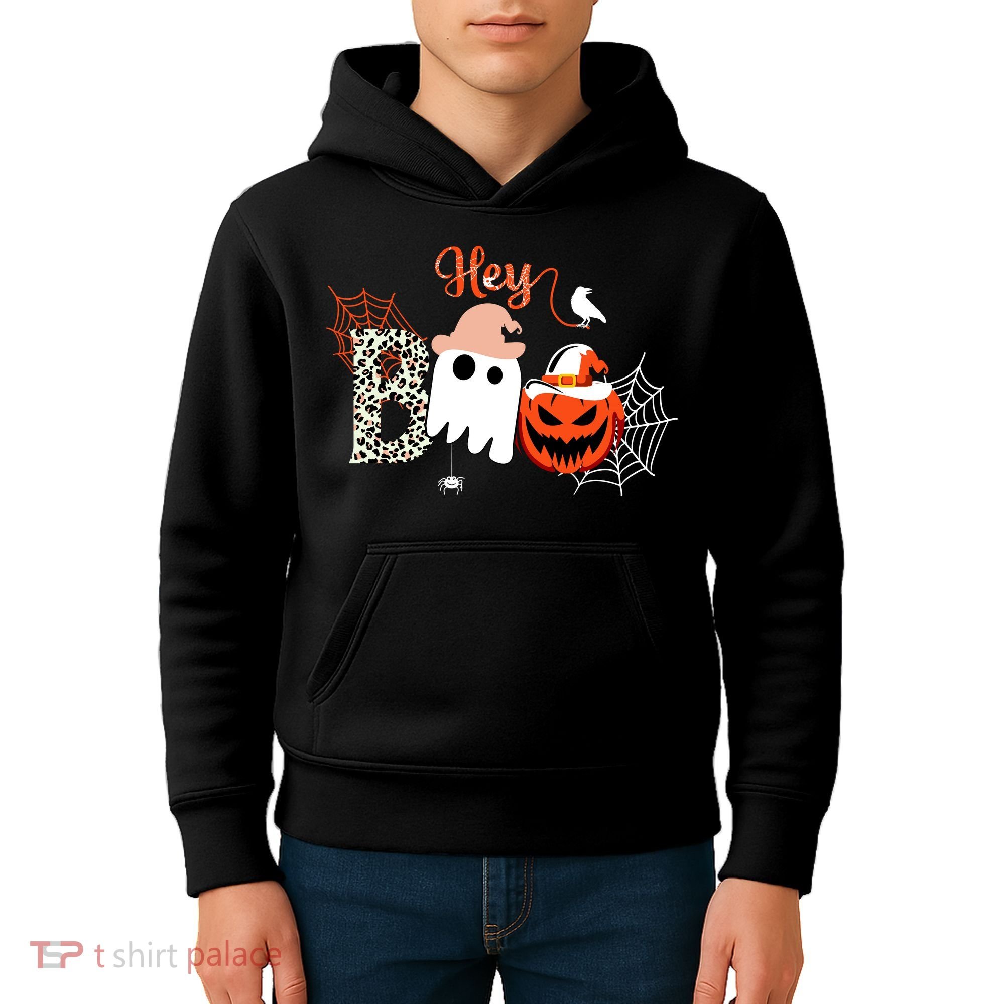 Hey Boo Funny Halloween Cute Ghost Pumpkin Kids Hoodie