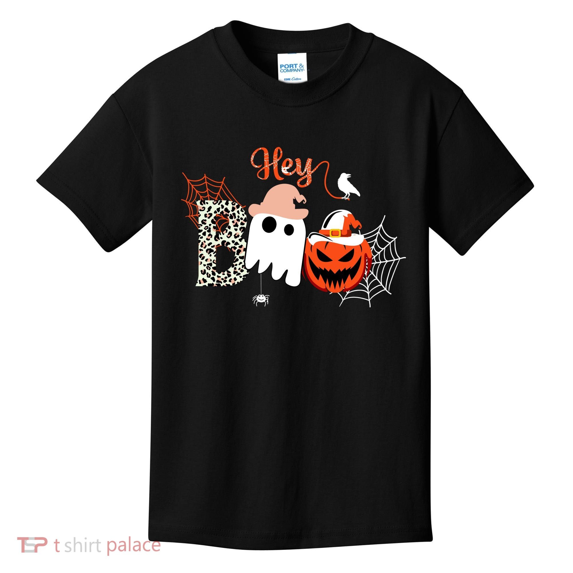 Hey Boo Funny Halloween Cute Ghost Pumpkin Kids T-Shirt