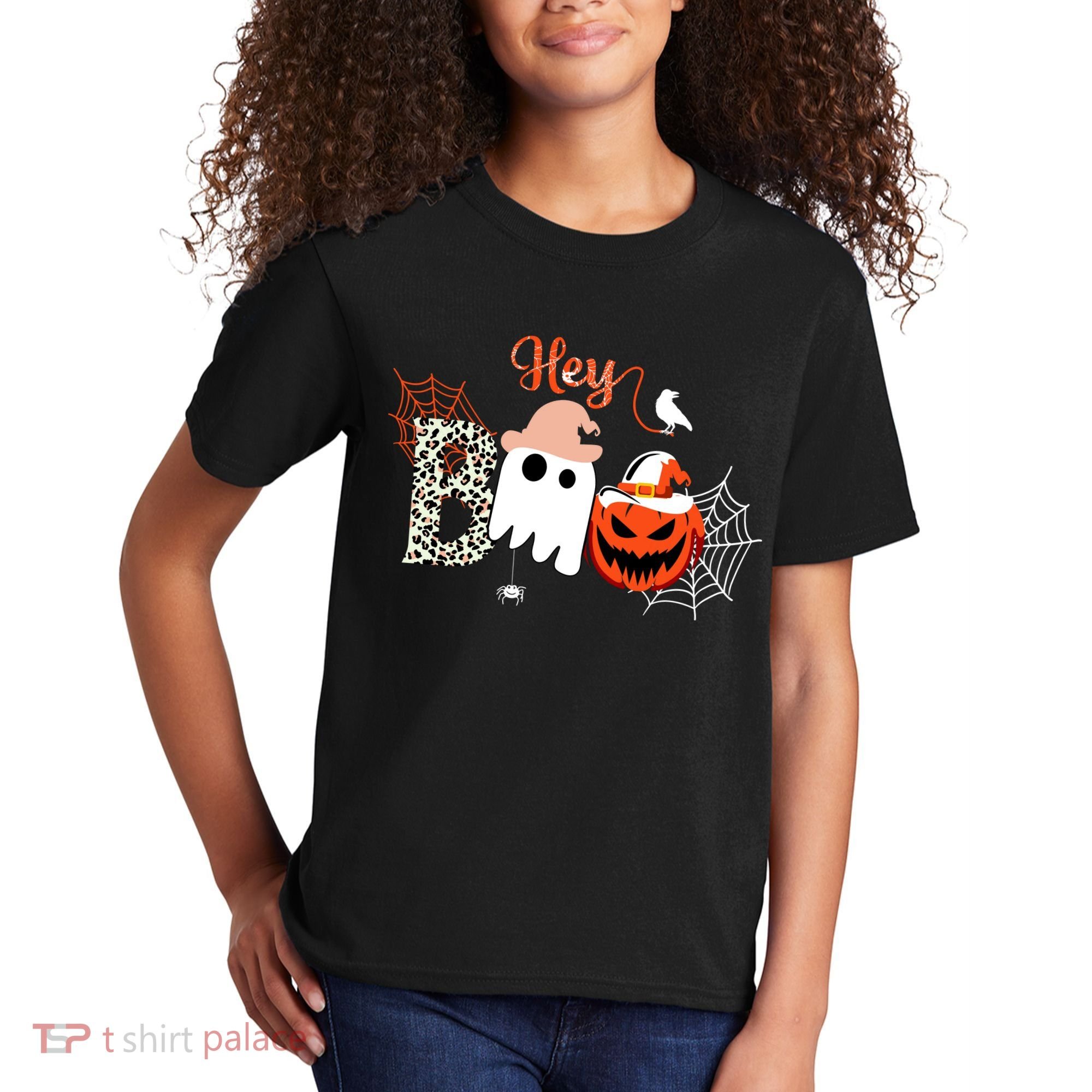 Hey Boo Funny Halloween Cute Ghost Pumpkin Kids T-Shirt