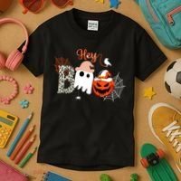 Hey Boo Funny Halloween Cute Ghost Pumpkin Kids T-Shirt thumb 3
