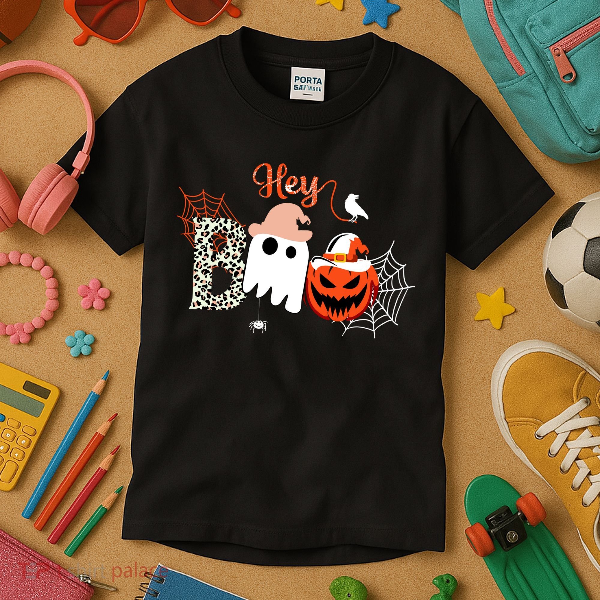 Hey Boo Funny Halloween Cute Ghost Pumpkin Kids T-Shirt