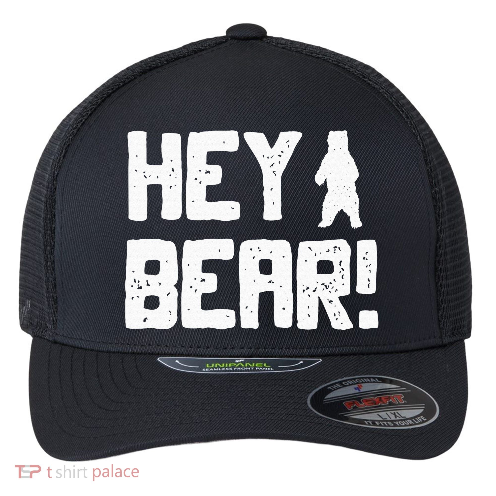 Hey Bear! Funny Hiking Outdoors Black Grizzly Bear Survival Flexfit Unipanel Trucker Cap