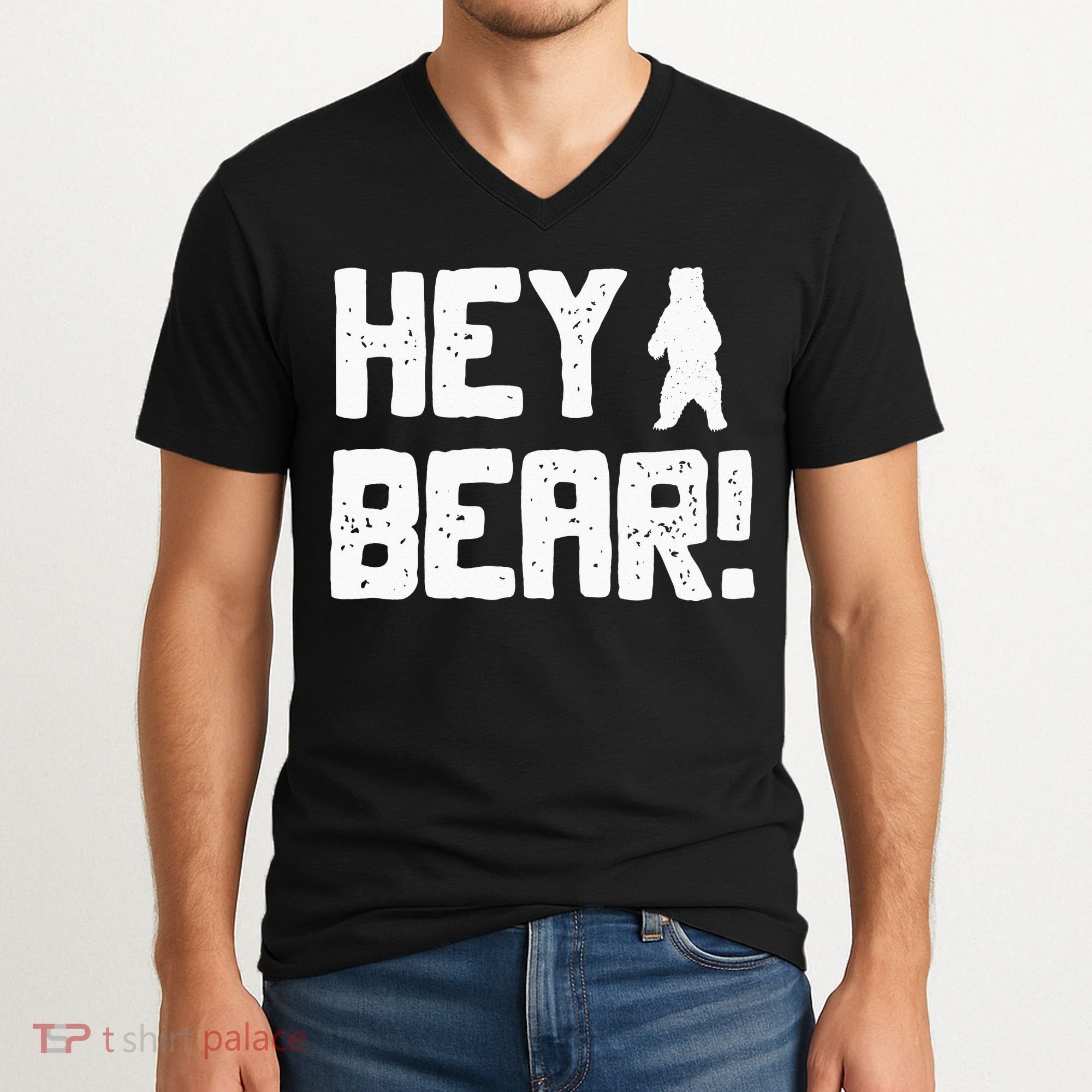 Hey Bear! Funny Hiking Outdoors Black Grizzly Bear Survival V-Neck T-Shirt