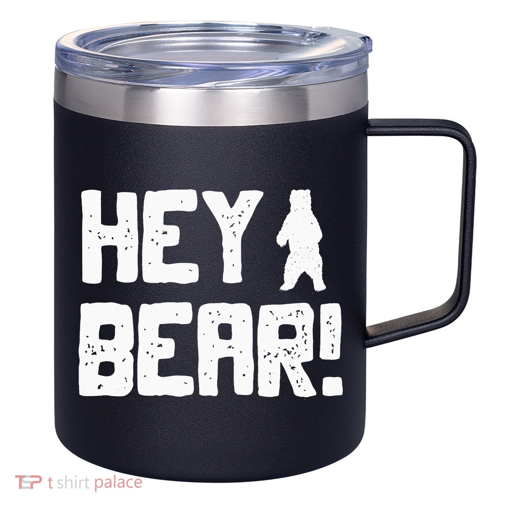 Hey Bear! Funny Hiking Outdoors Black Grizzly Bear Survival 12oz Stainless Steel Coffee Mug
