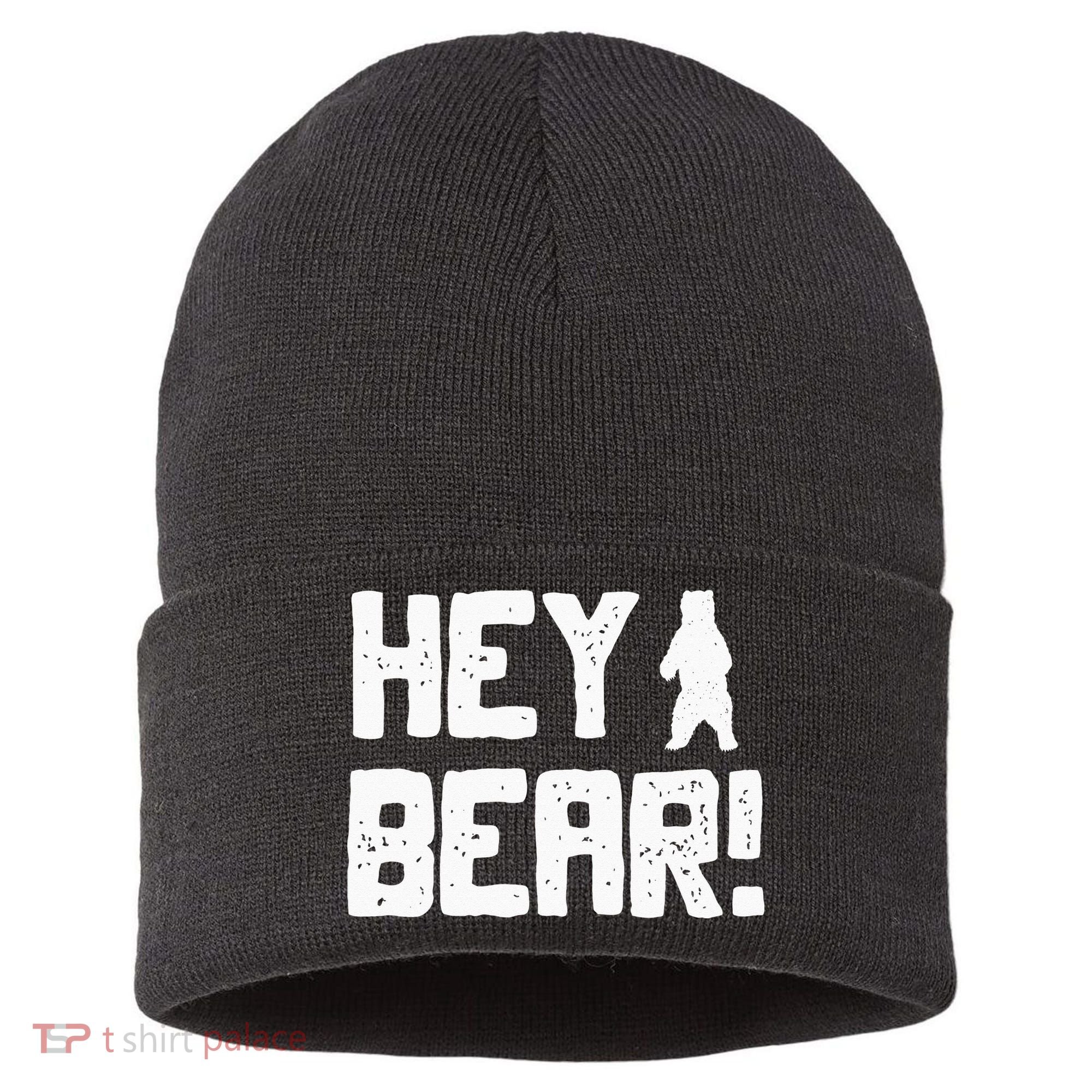 Hey Bear! Funny Hiking Outdoors Black Grizzly Bear Survival Sustainable Knit Beanie