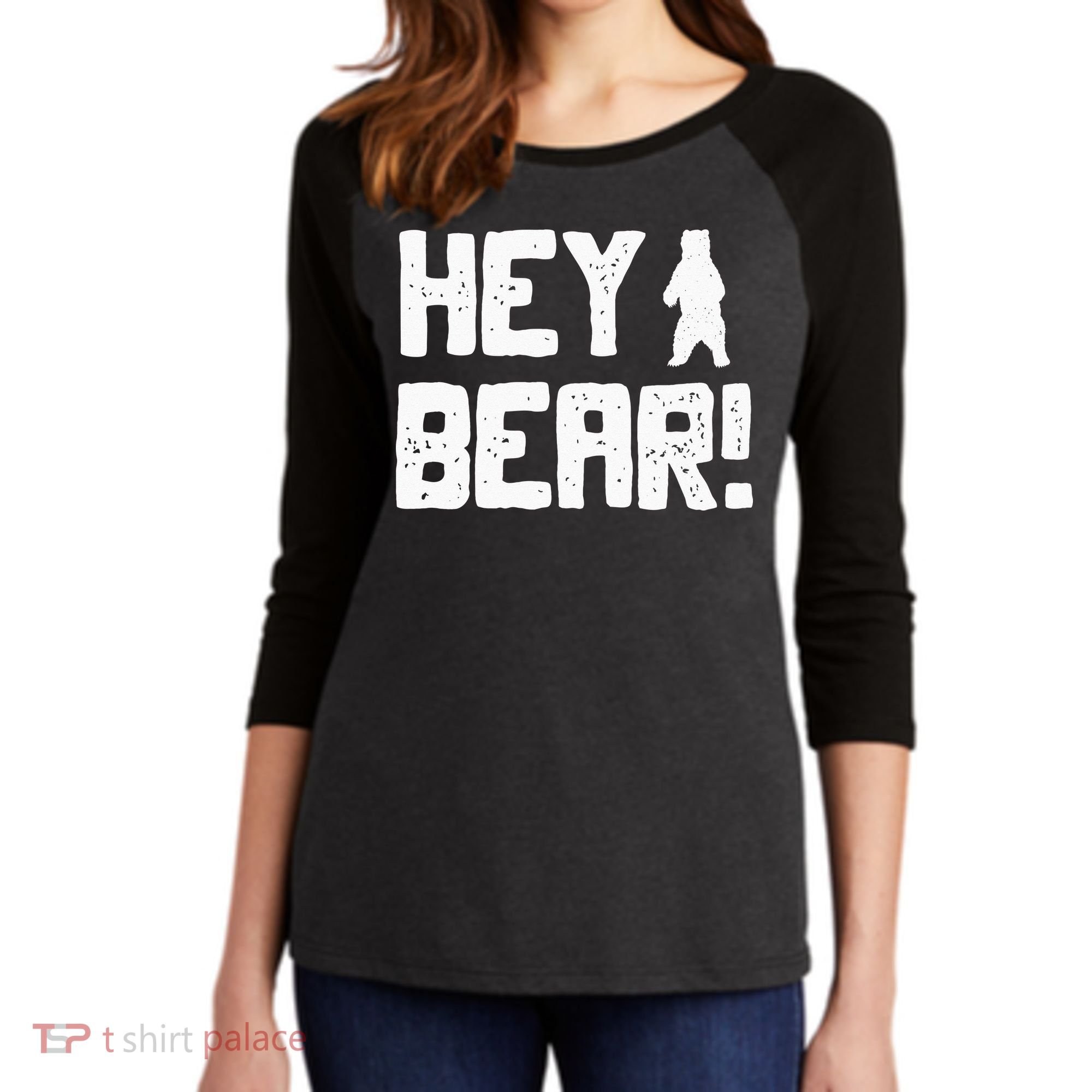 Hey Bear! Funny Hiking Outdoors Black Grizzly Bear Survival Women's Tri-Blend 3/4-Sleeve Raglan Shirt