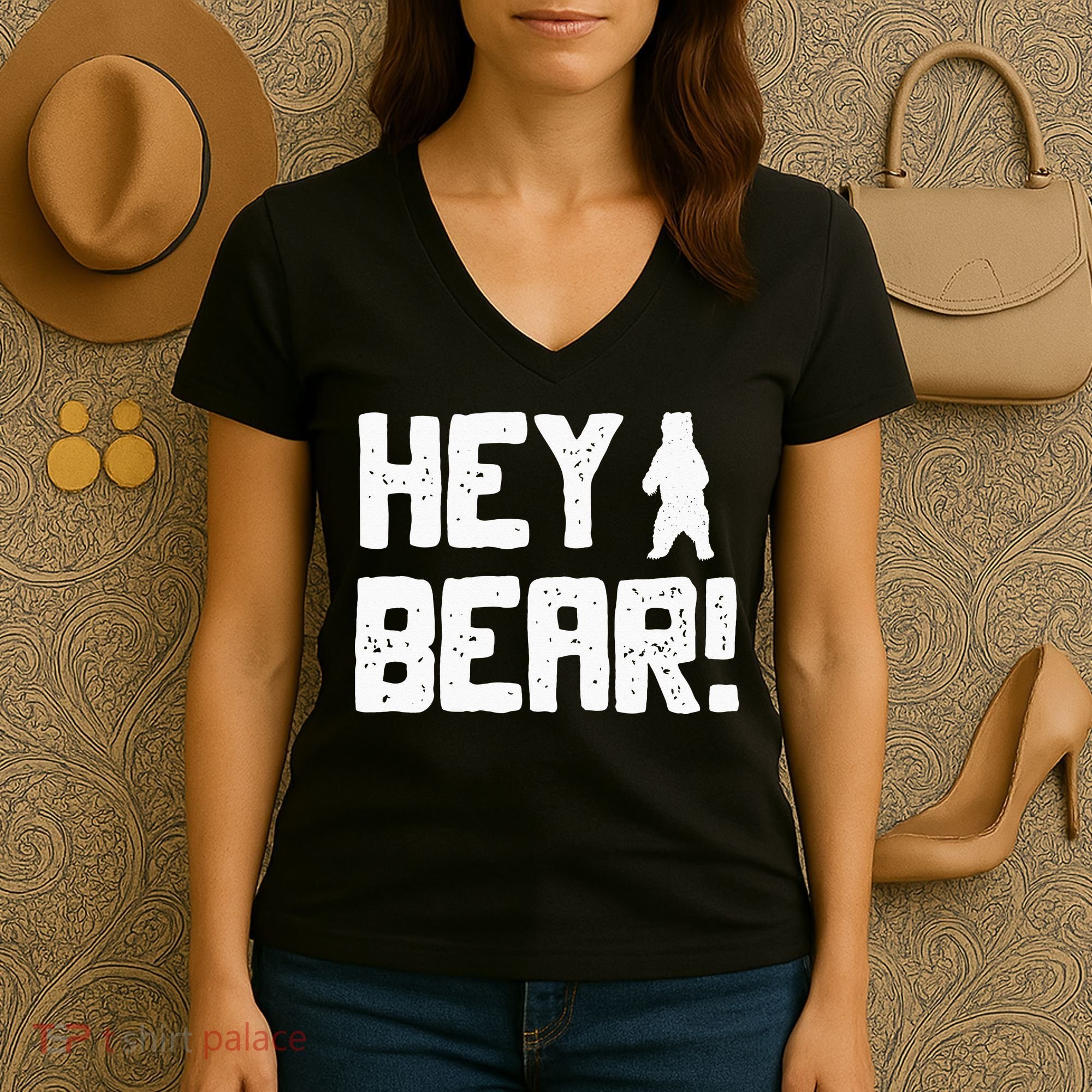Hey Bear! Funny Hiking Outdoors Black Grizzly Bear Survival Women's V-Neck T-Shirt