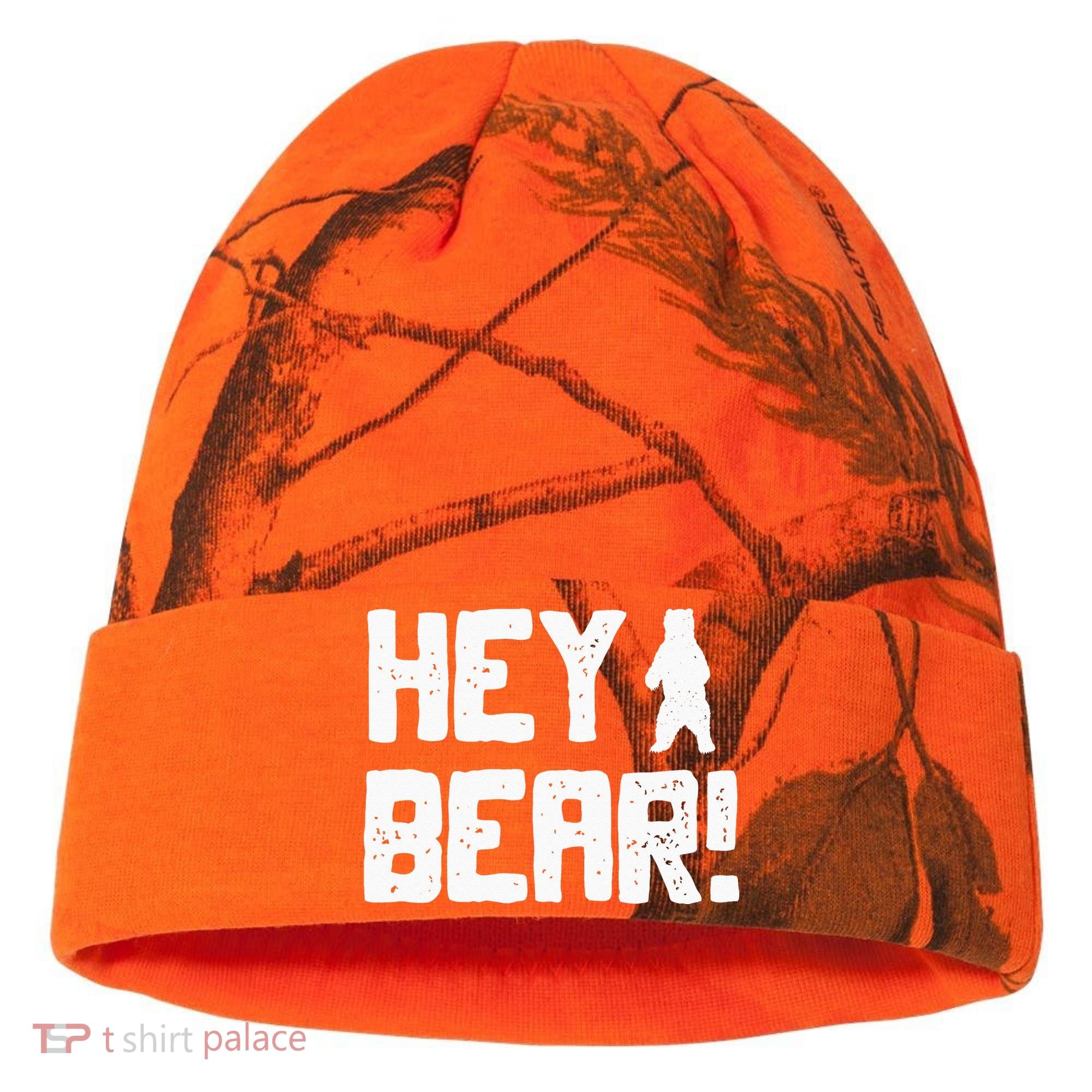 Hey Bear! Funny Hiking Outdoors Black Grizzly Bear Survival Kati Licensed 12" Camo Cuffed Beanie