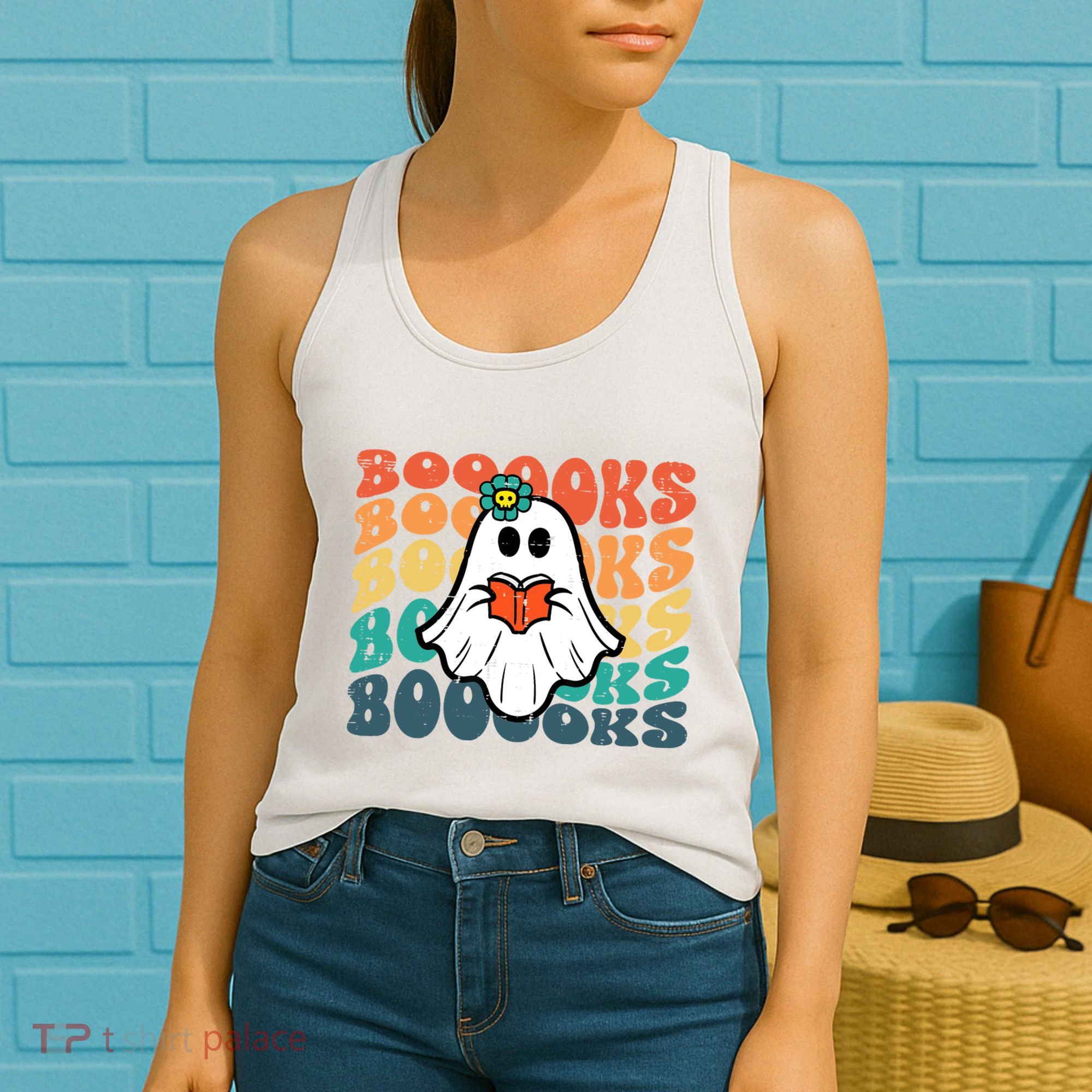 Halloween Books Ghost Retro Groovy Costume Wo Girl Women's Tank Top