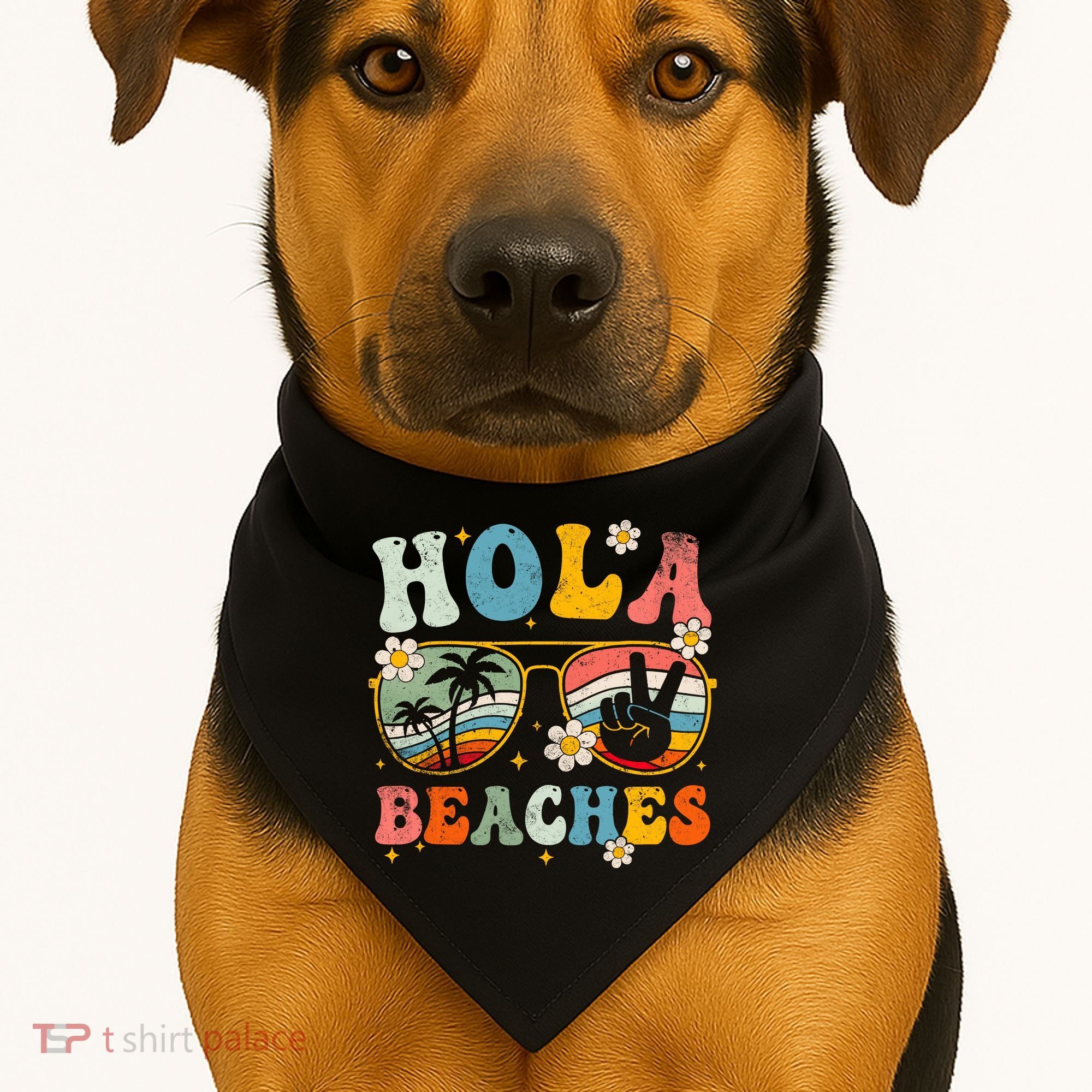 Hola Beaches Groovy Retro Funny Beach Vacation Summer USA-Made Doggie Bandana