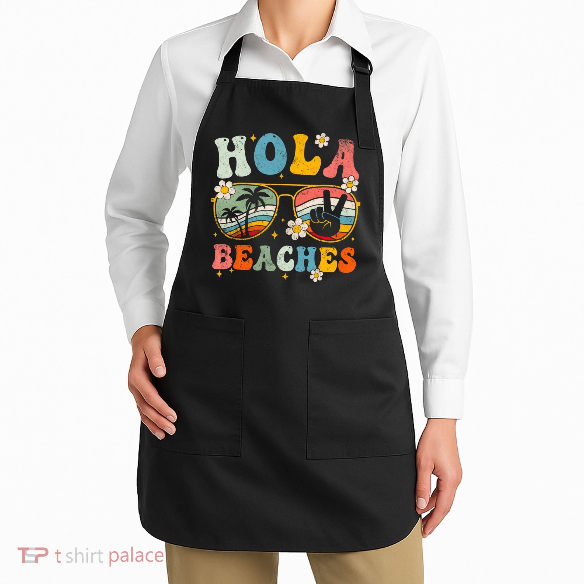 Hola Beaches Groovy Retro Funny Beach Vacation Summer Apron
