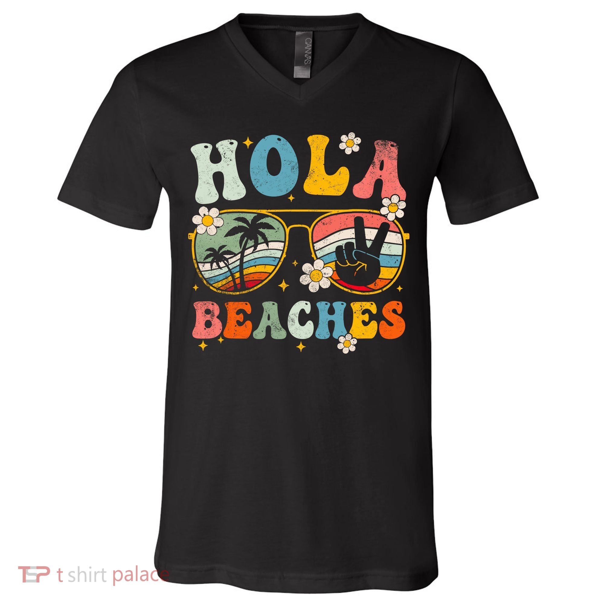Hola Beaches Groovy Retro Funny Beach Vacation Summer V-Neck T-Shirt
