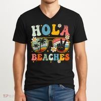 Hola Beaches Groovy Retro Funny Beach Vacation Summer V-Neck T-Shirt thumb 2