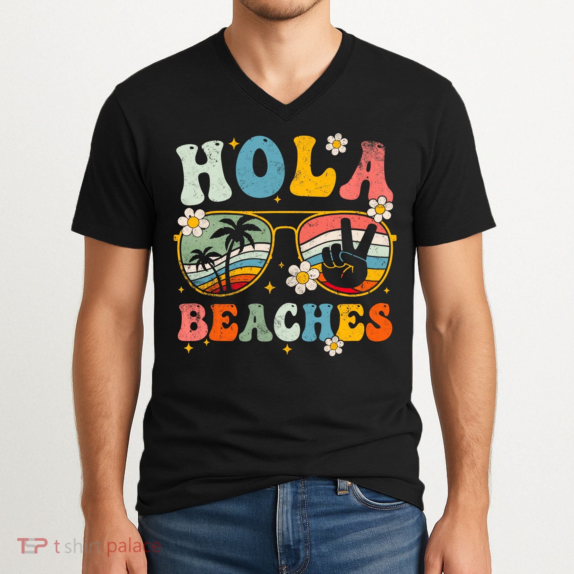 Hola Beaches Groovy Retro Funny Beach Vacation Summer V-Neck T-Shirt