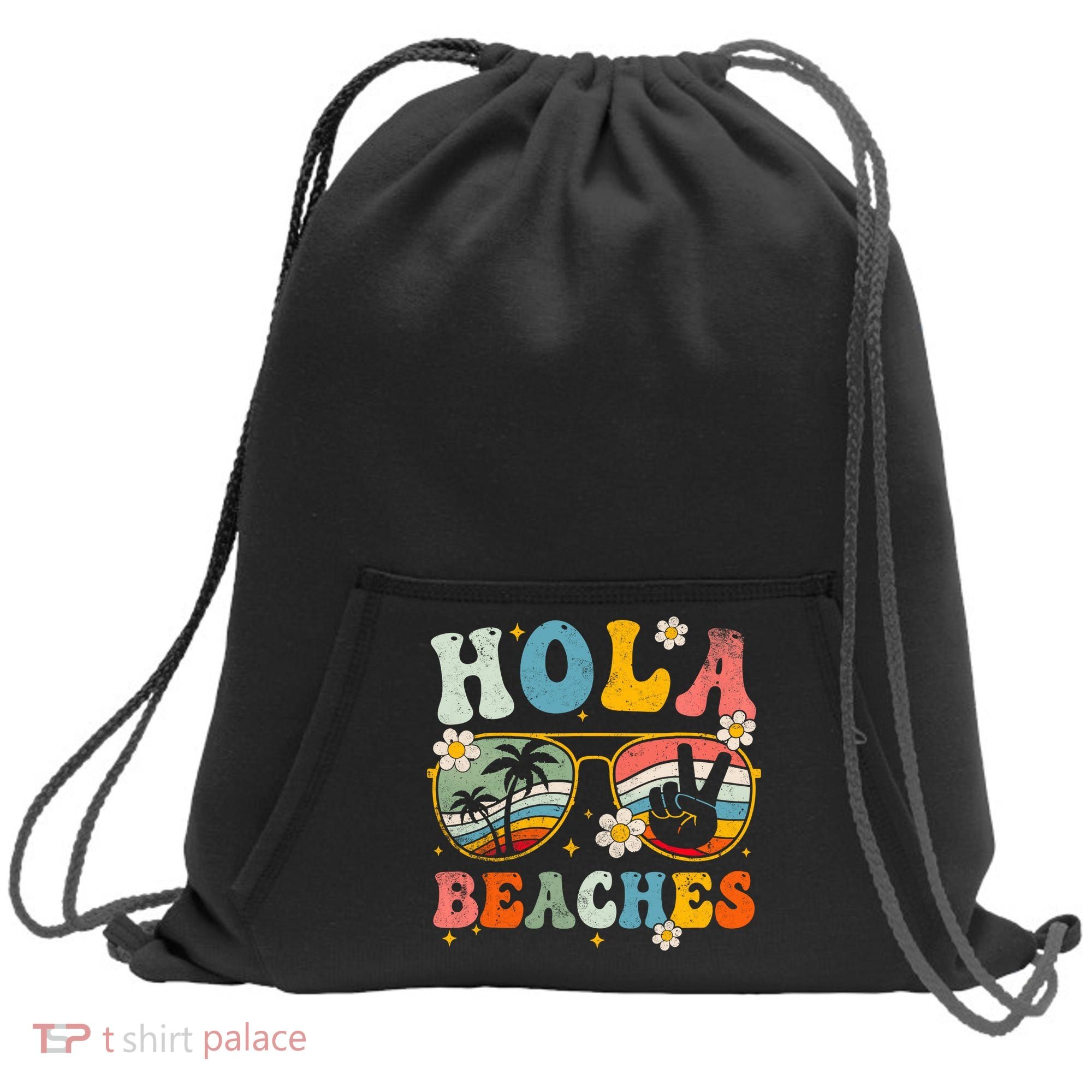Hola Beaches Groovy Retro Funny Beach Vacation Summer Sweatshirt Cinch Pack Bag