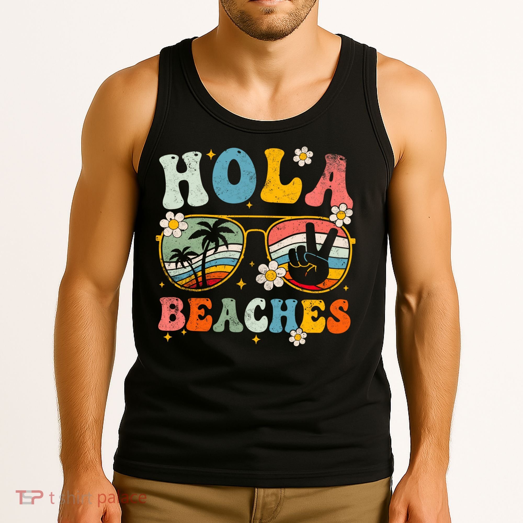 Hola Beaches Groovy Retro Funny Beach Vacation Summer Tank Top
