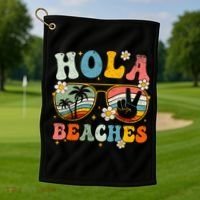 Hola Beaches Groovy Retro Funny Beach Vacation Summer Golf Towel thumb 1