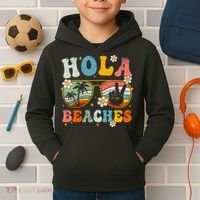 Hola Beaches Groovy Retro Funny Beach Vacation Summer Kids Hoodie thumb 2