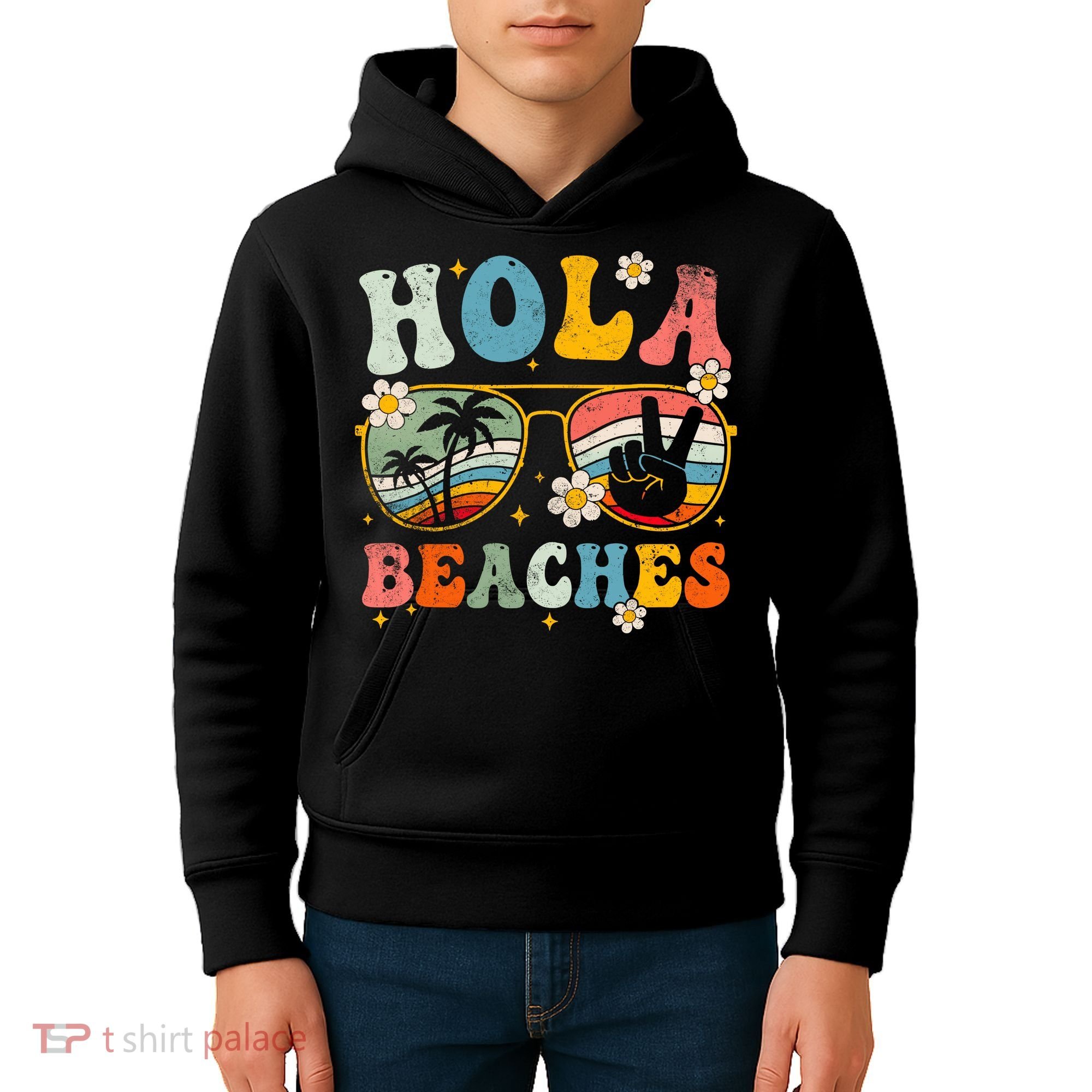 Hola Beaches Groovy Retro Funny Beach Vacation Summer Kids Hoodie