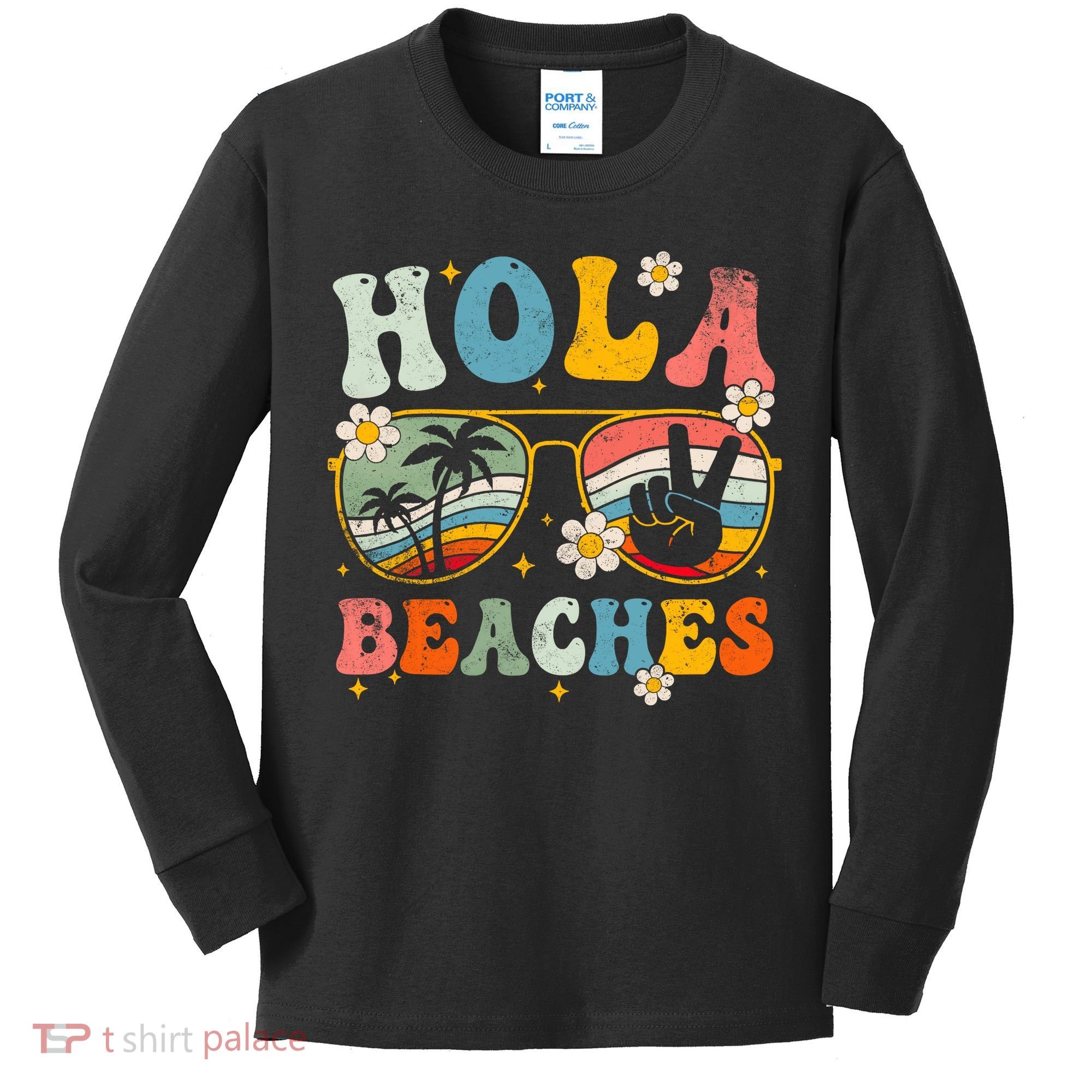 Hola Beaches Groovy Retro Funny Beach Vacation Summer Kids Long Sleeve Shirt