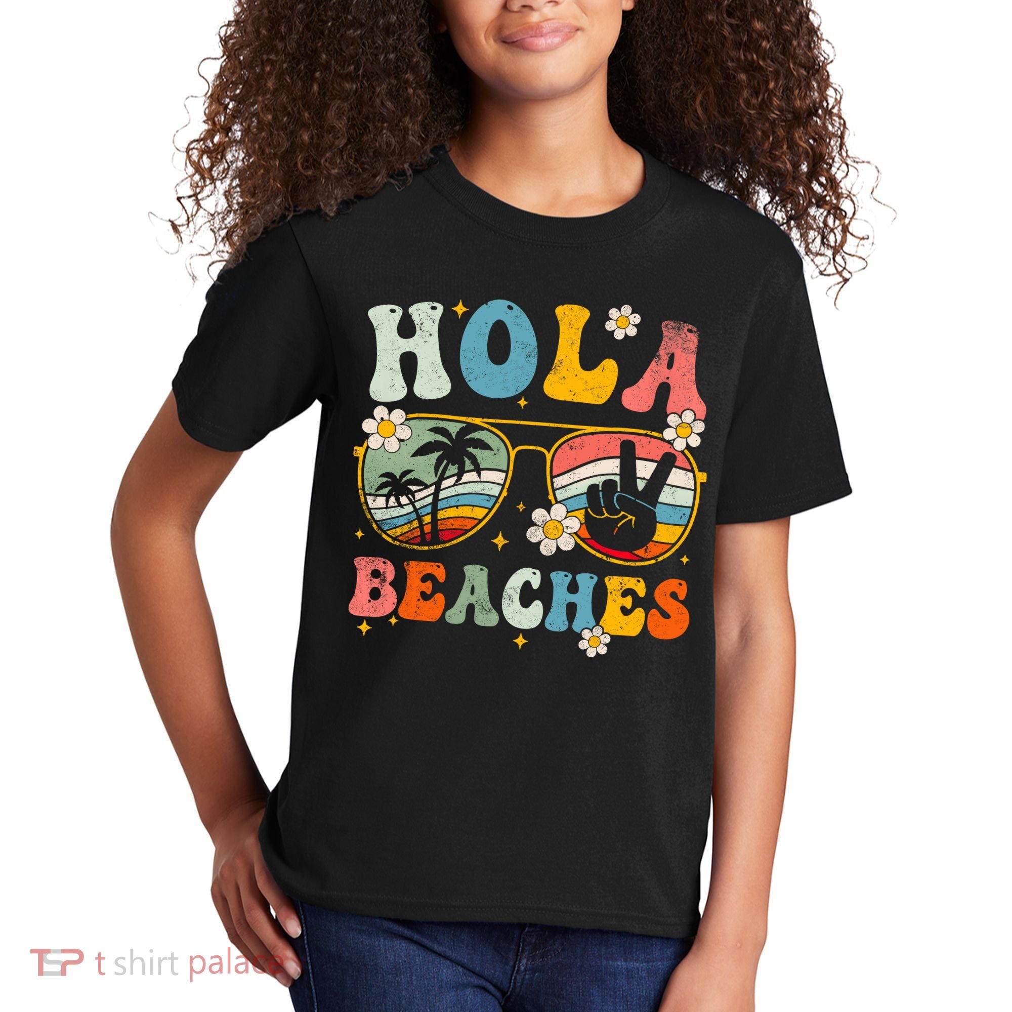 Hola Beaches Groovy Retro Funny Beach Vacation Summer Kids T-Shirt