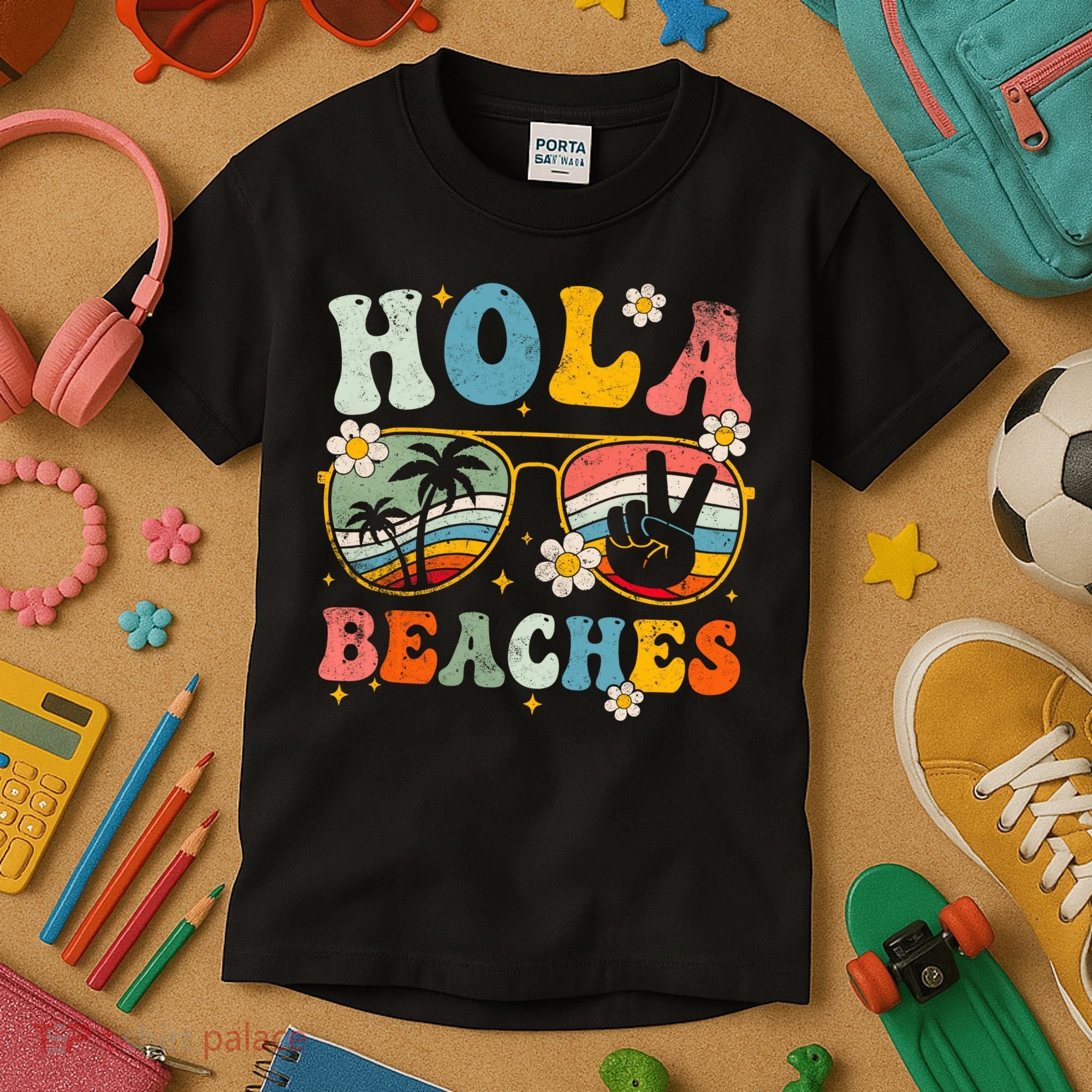 Hola Beaches Groovy Retro Funny Beach Vacation Summer Kids T-Shirt