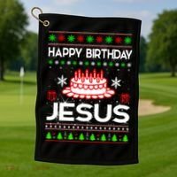 Happy Birthday Jesus Ugly Christmas Golf Towel thumb 1